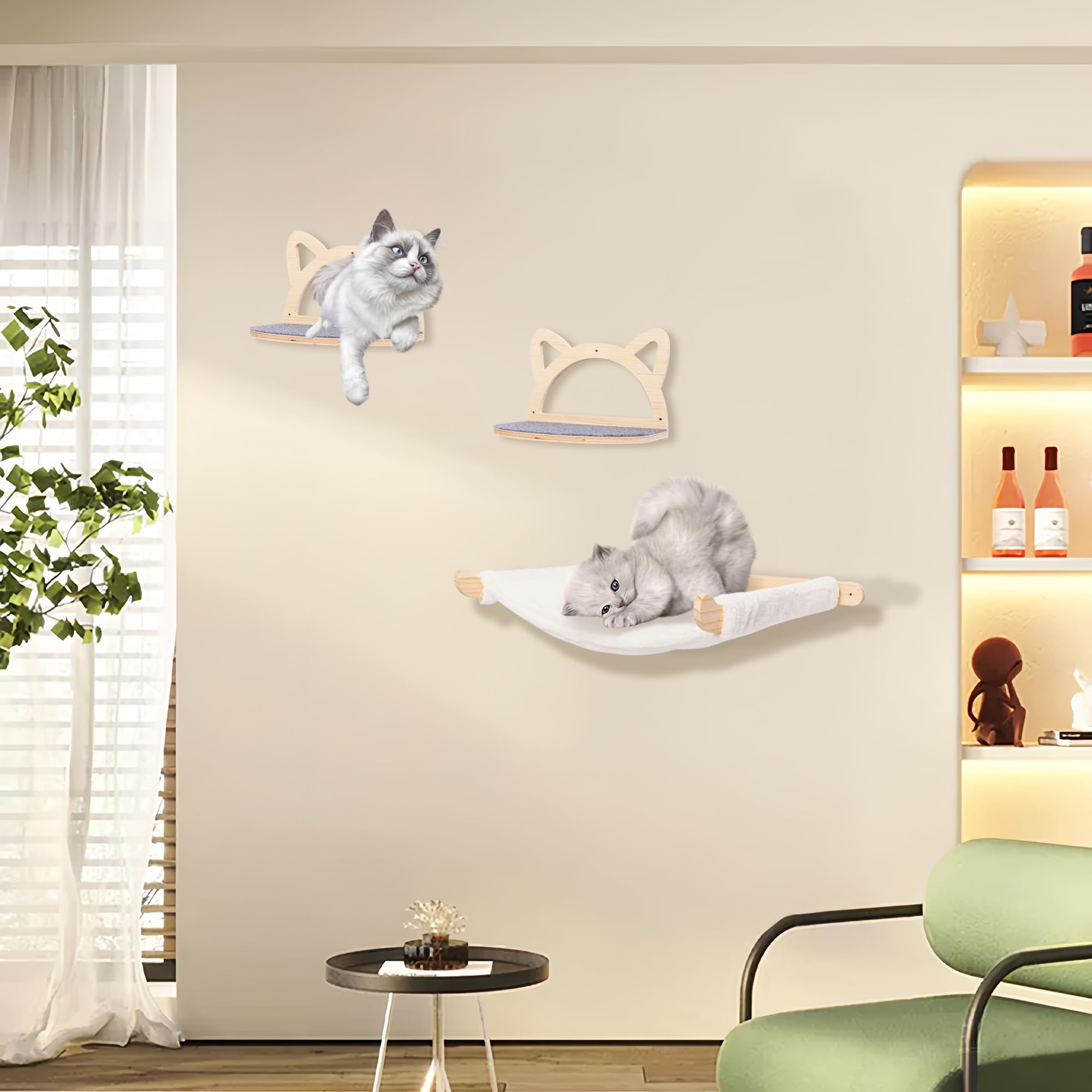 Defined Deco Cat Wall Shelves - Wall Mounted Cat Perches with XXL Hammock & 2 Climbing Steps, Multi-Level Cat Furniture with Scratching Mat for Play, Sleep & Lounge - Perfect for Indoor Cat Climbing, Resting & Exercise in Small Spaces
