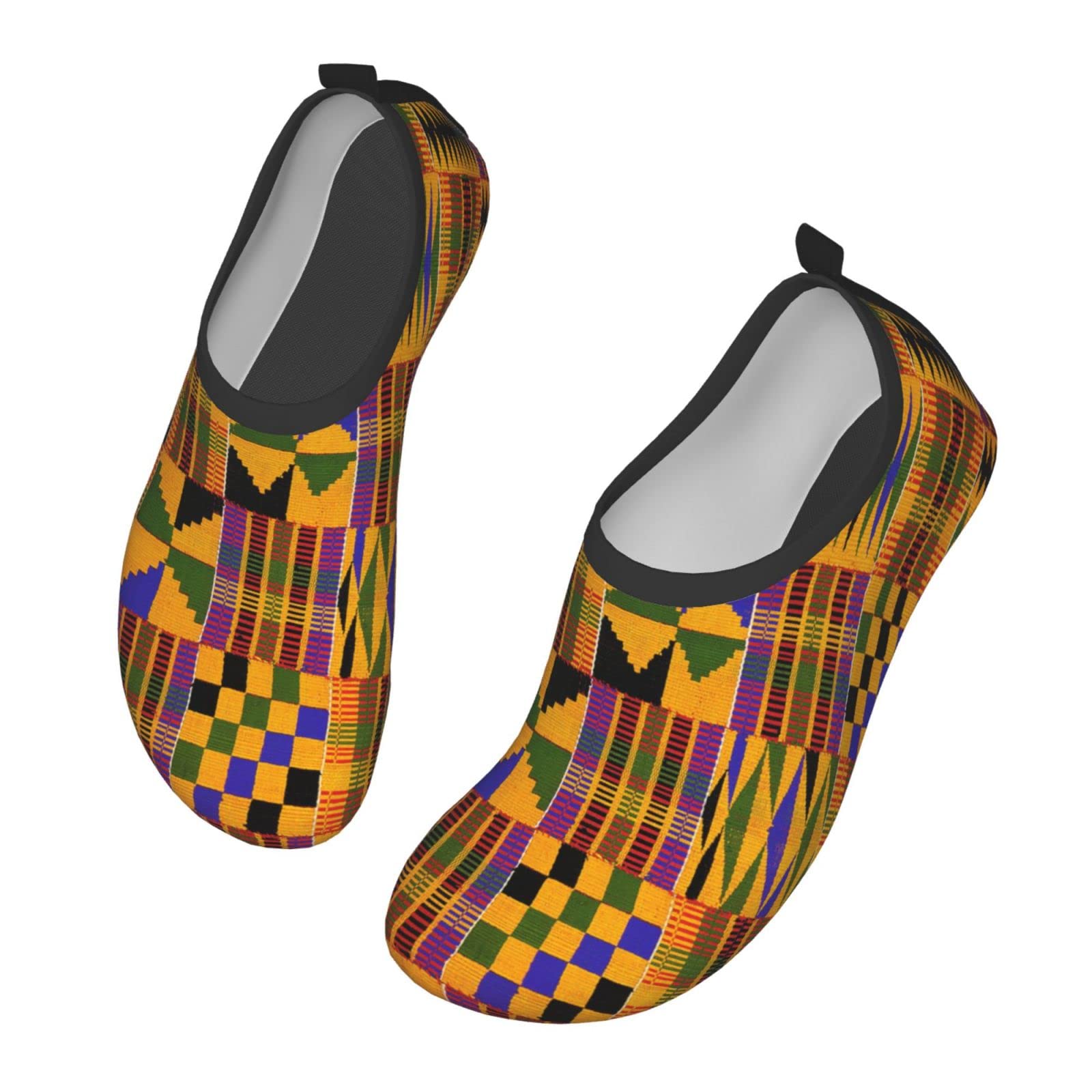 Ghana Kente Water Shoes for Men & Women - Barefoot Quick-Dry Swim Socks with Slip-On Design - Ideal for Yoga, Beach, Pool & Water Sports (Black)