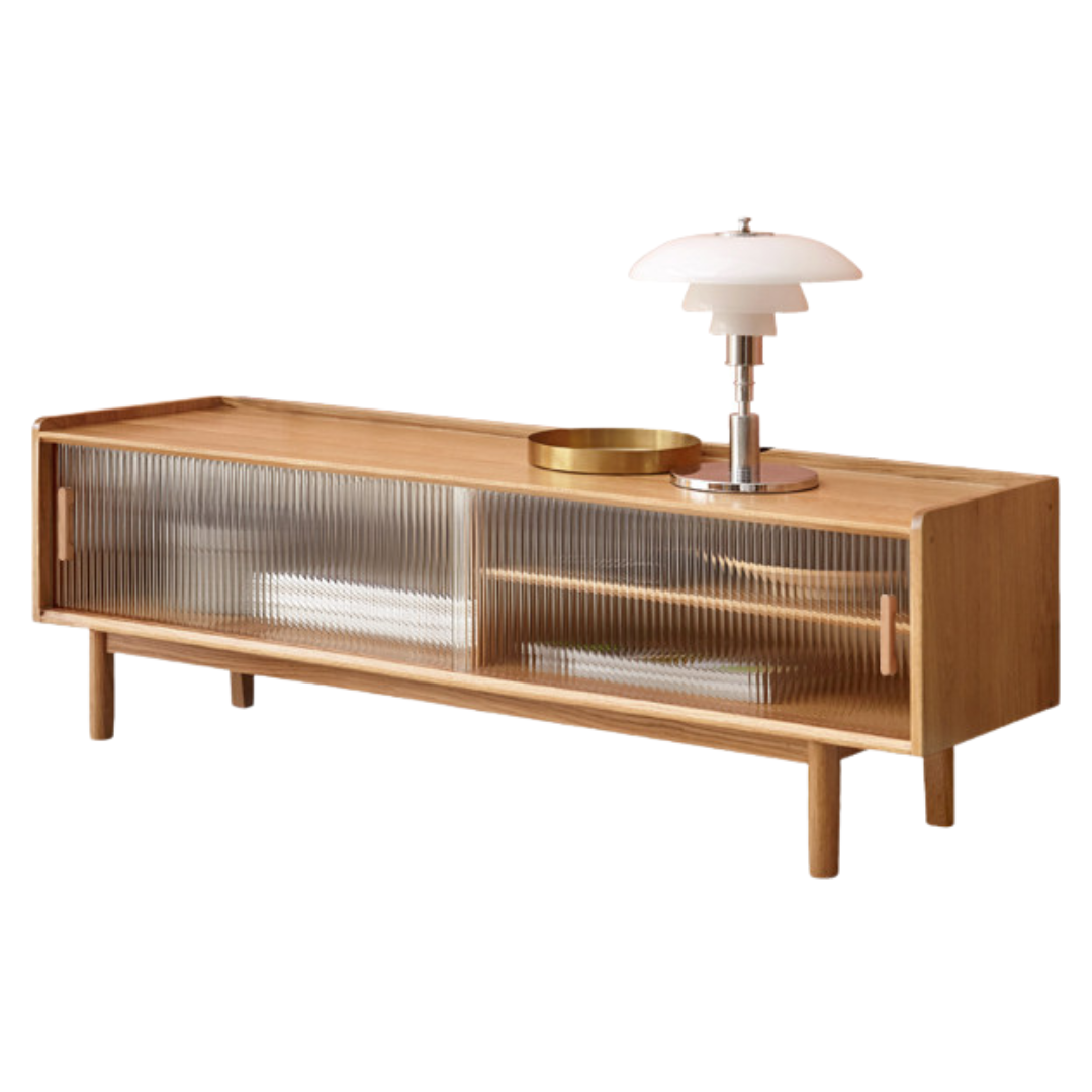 Solid Oak Wood TV Stand with Sliding Doors - Modern Entertainment Center for Living Room, Bedroom & Home Theater