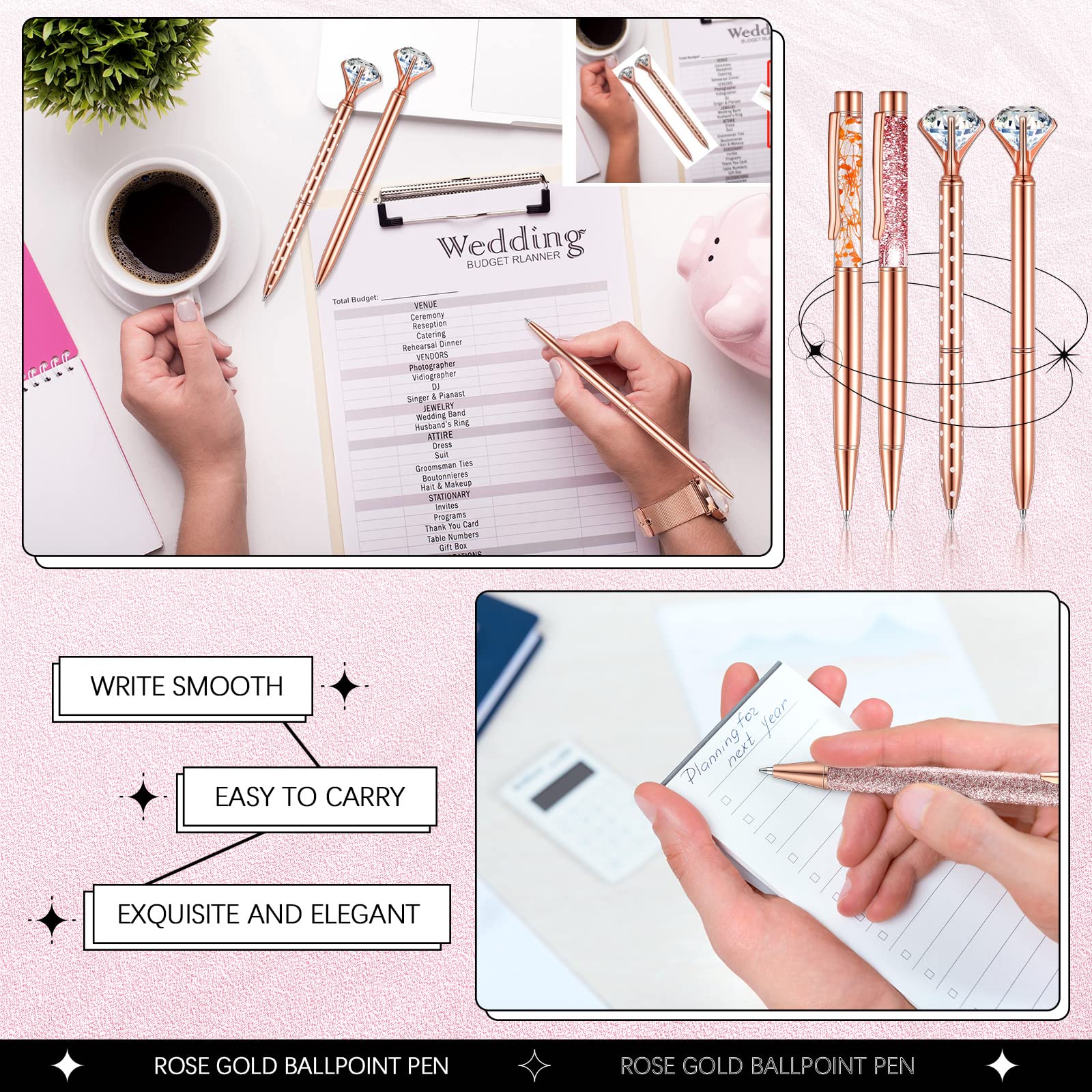 8 Pack Supervitae Liquid Sand Glitter Ballpoint Pens - Rose Gold with Black Ink - Elegant Journaling, Office & School Supplies - Perfect Bridal Shower, Wedding & Women's Gifts for Desk & Stationery Lovers