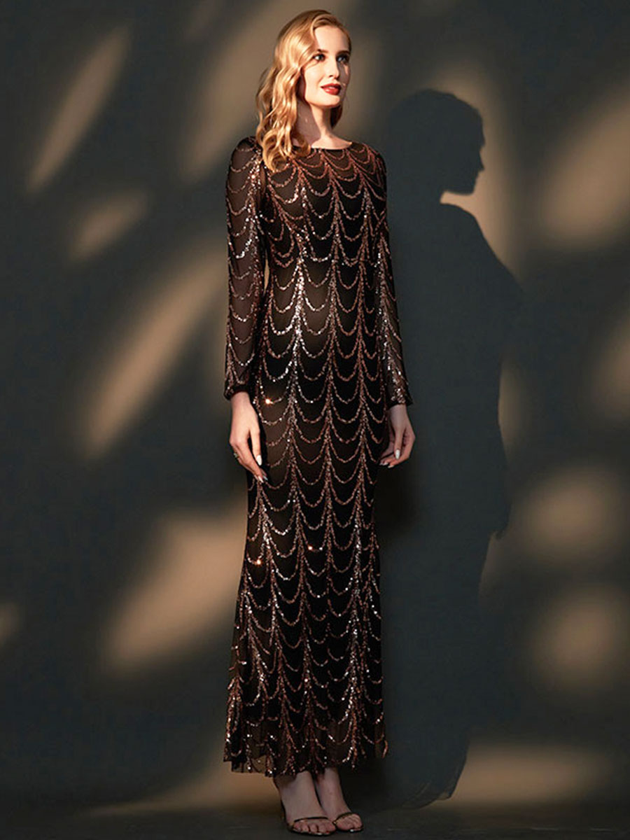 Elegant Black Sequin Long Sleeve Boat Neck Mermaid Evening Gown - Floor Length Formal Dress for Prom, Wedding, Gala & Special Occasions
