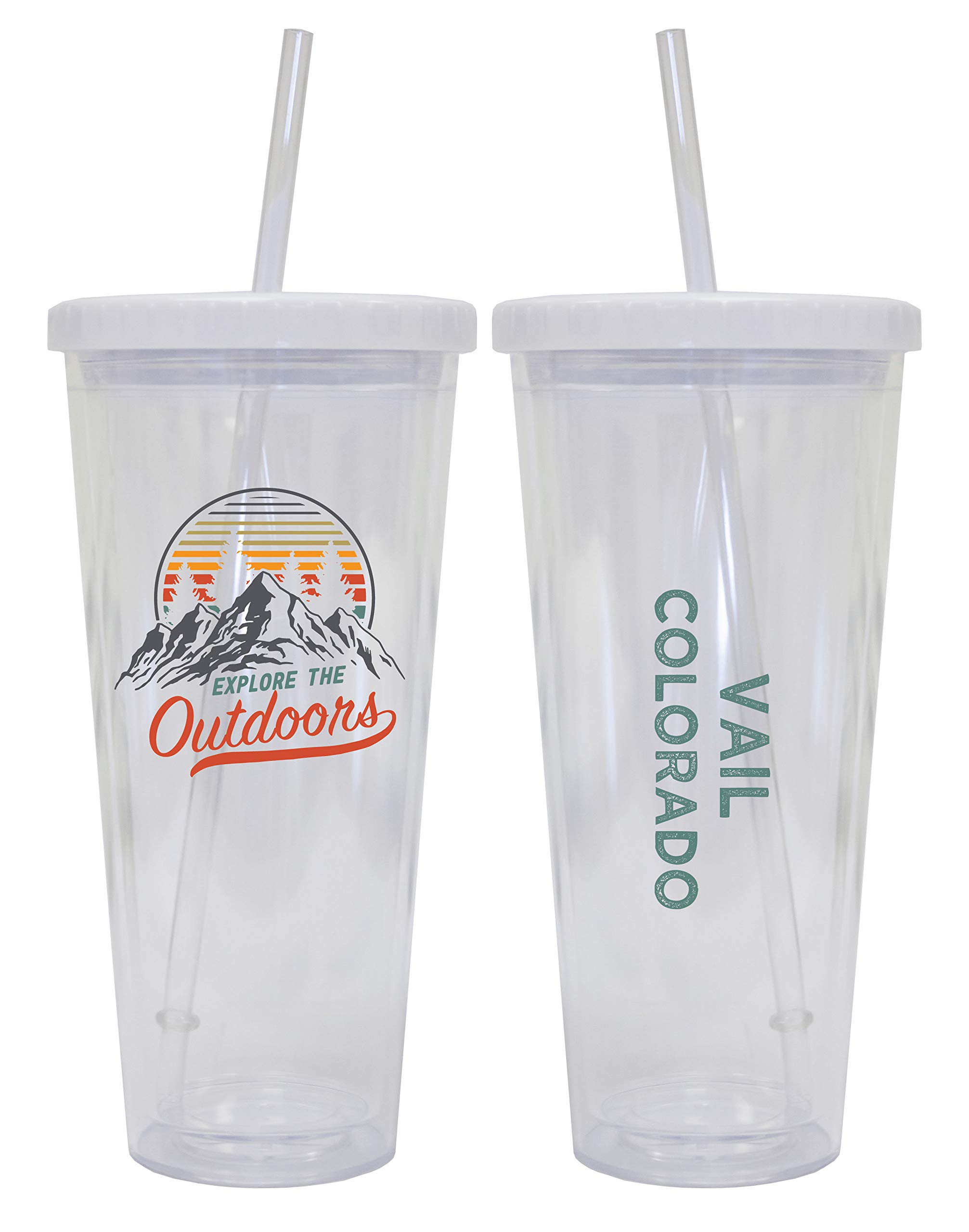 R and R Imports 24 oz Reusable Plastic Tumbler with Lid & Straw - 2 Pack Insulated Camping Cup for Hiking, Travel, and Outdoor Adventures - Vail Colorado Inspired Design