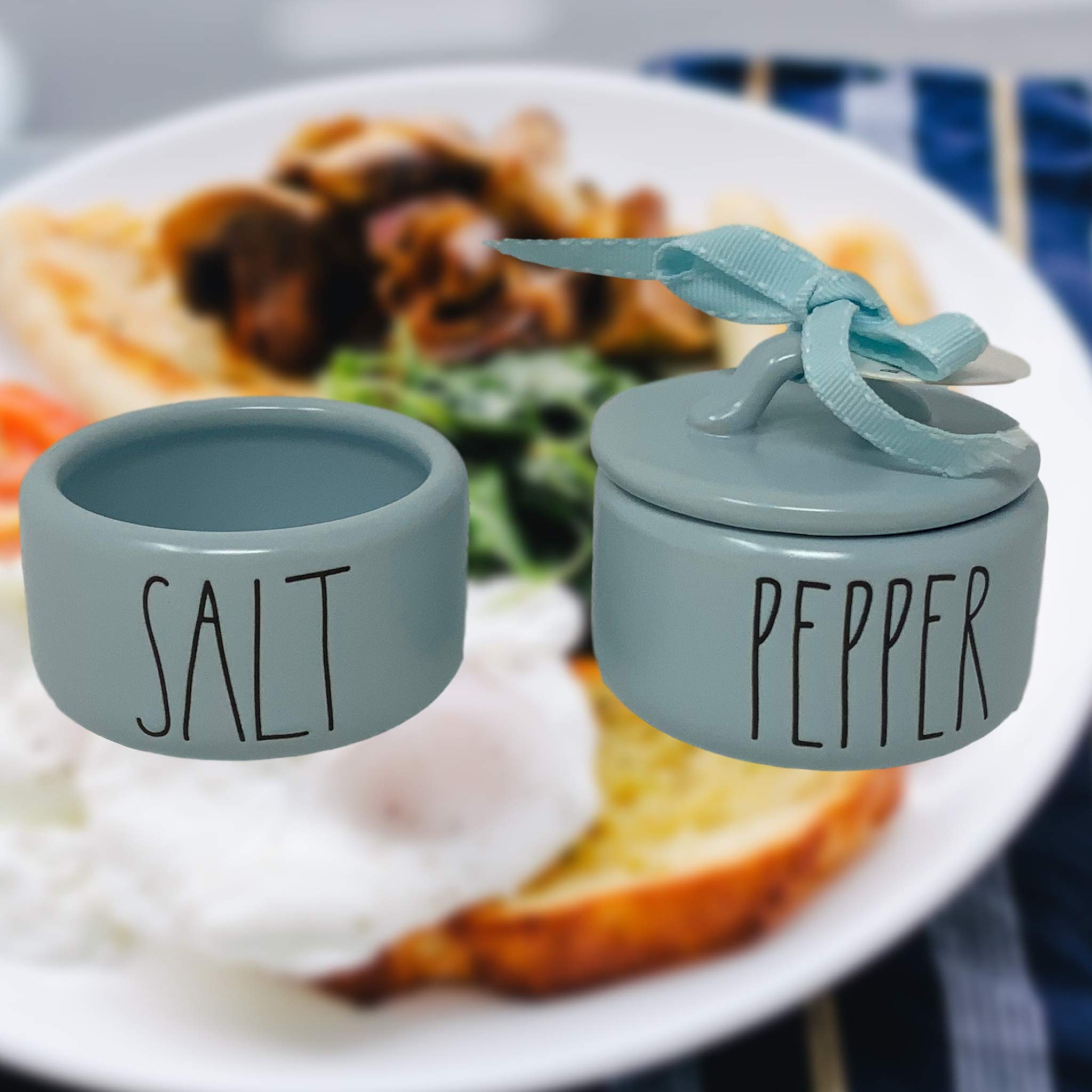 Rae Dunn Pastel Blue Salt and Pepper Shakers Set - 2 Piece Stackable Ceramic Spice Containers with LL Font Letters - Perfect for Kitchen, Dining Table, and Gift Giving