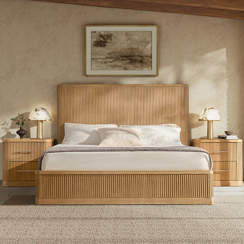 Modern Fluted Solid Wood Bedroom Set with Oak Texture - 3 Piece Queen Size Bed, Nightstand & Dresser | Elegant Bedroom Furniture for Master Suite, Guest Room & Apartment