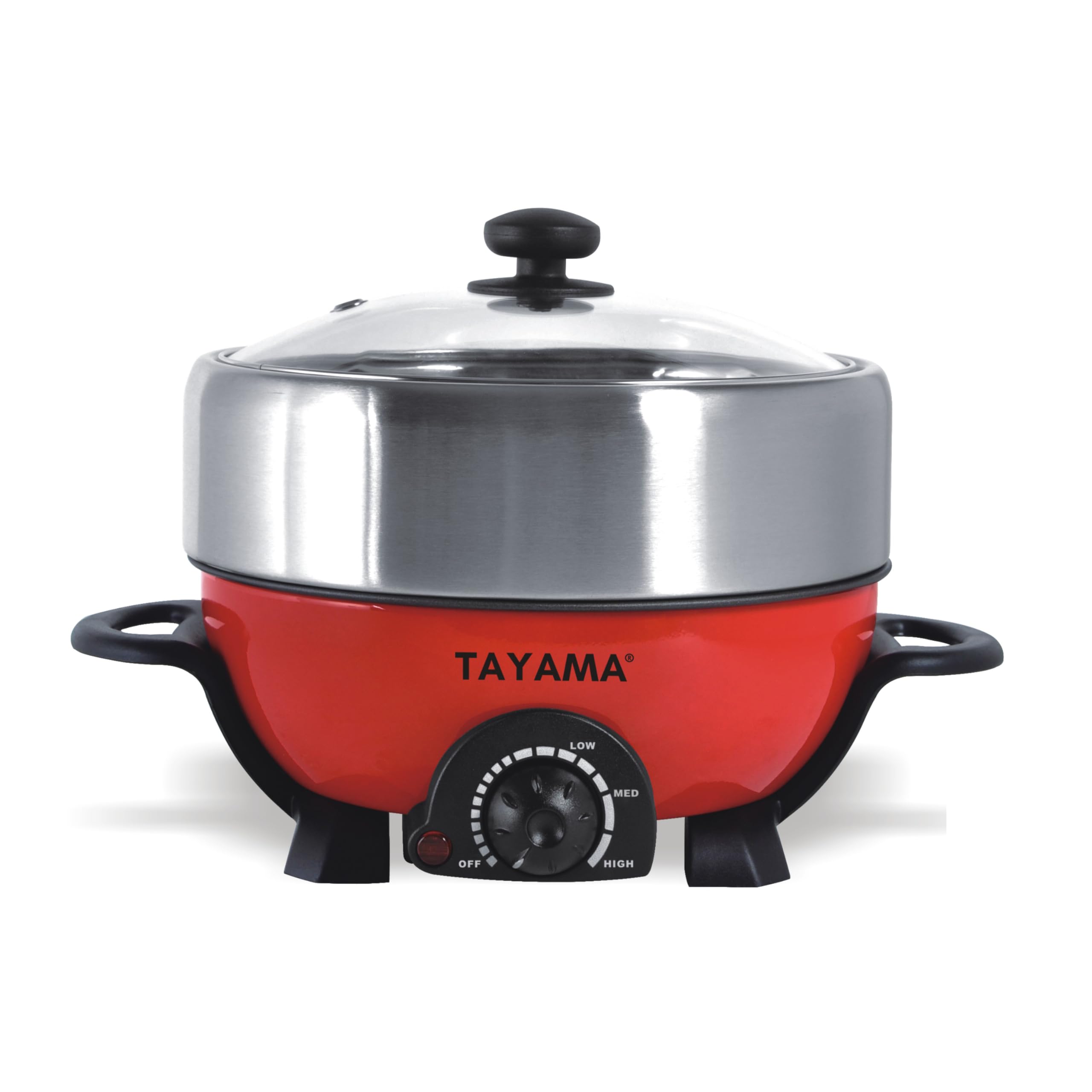 Tayama TRMC-40RS 3Qt Red Electric Multi-Cooker with Stainless Steel Pot - Shabu Shabu, Hot Pot, Grill & More for Home Cooking & Party Entertaining