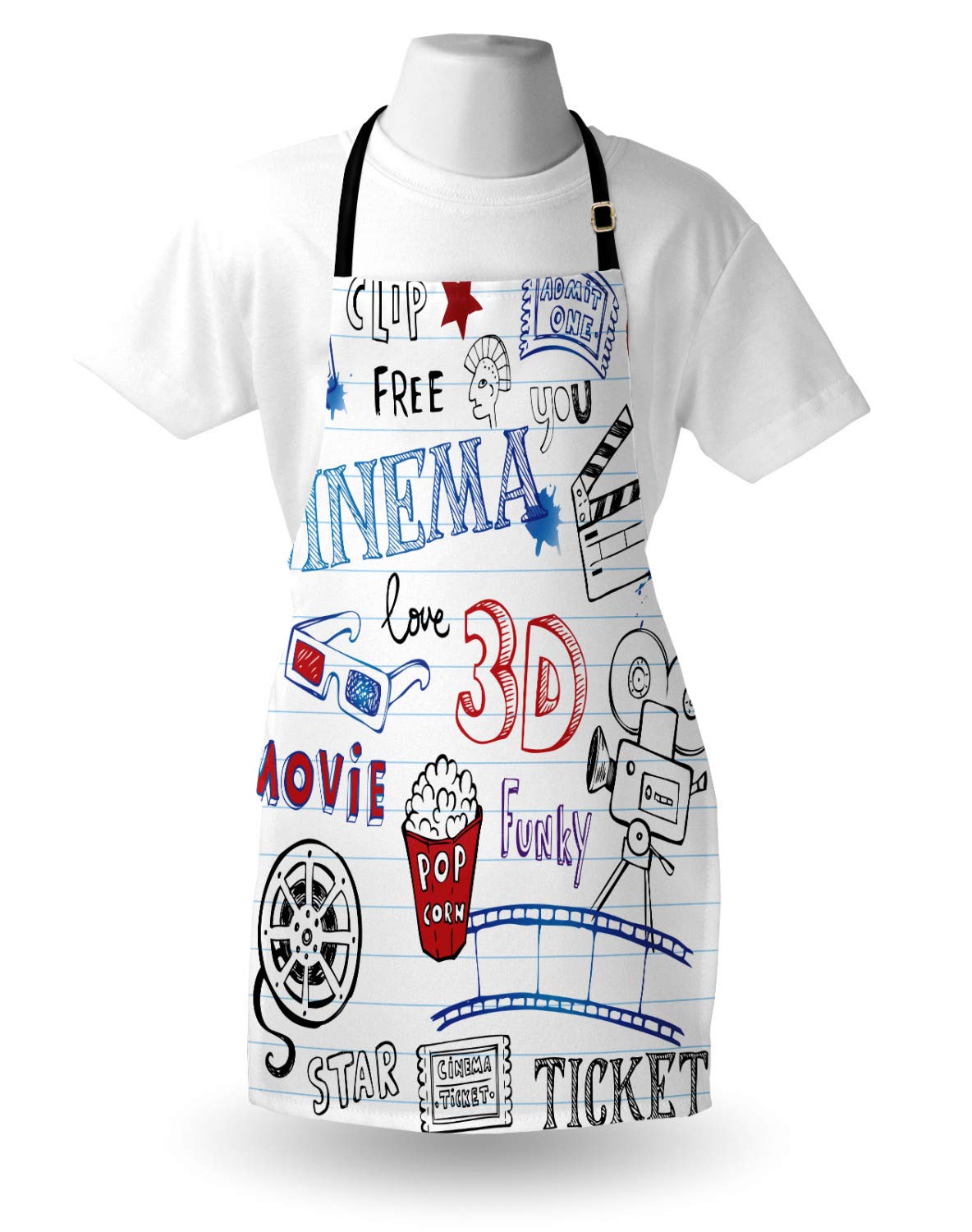 Ambesonne Movie Theater Apron - Hand Drawn Notebook Style Hollywood Design | Adjustable Unisex Kitchen Bib for Cooking, Baking, Gardening | Perfect for Home Chefs, Movie Nights & Themed Parties (Multicolor)