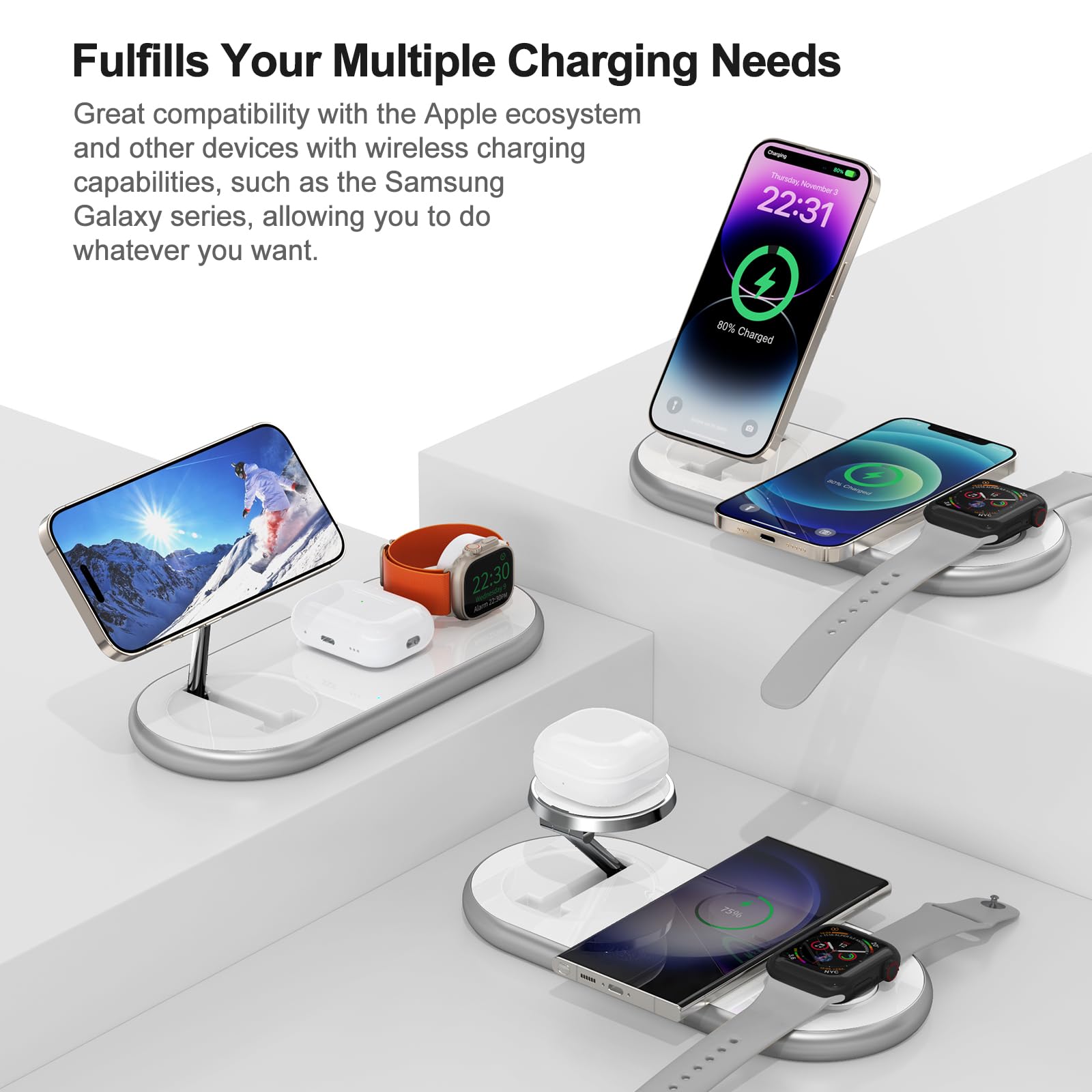 3 in 1 Magnetic Wireless Charging Station for iPhone 16/15/14/13/12 Series, Apple Watch & AirPods Pro - Fast MagSafe Charger Stand with LED Display (White) | Perfect for Bedside, Office Desk & Travel Charging