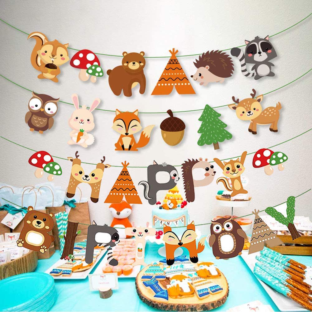 Woodland Birthday Party Decorations - Forest Animal Bunting Garland & Happy Birthday Banner for Kids, Boys & Girls - Perfect for Woodland Themed Parties, Baby Showers & Nursery Decor