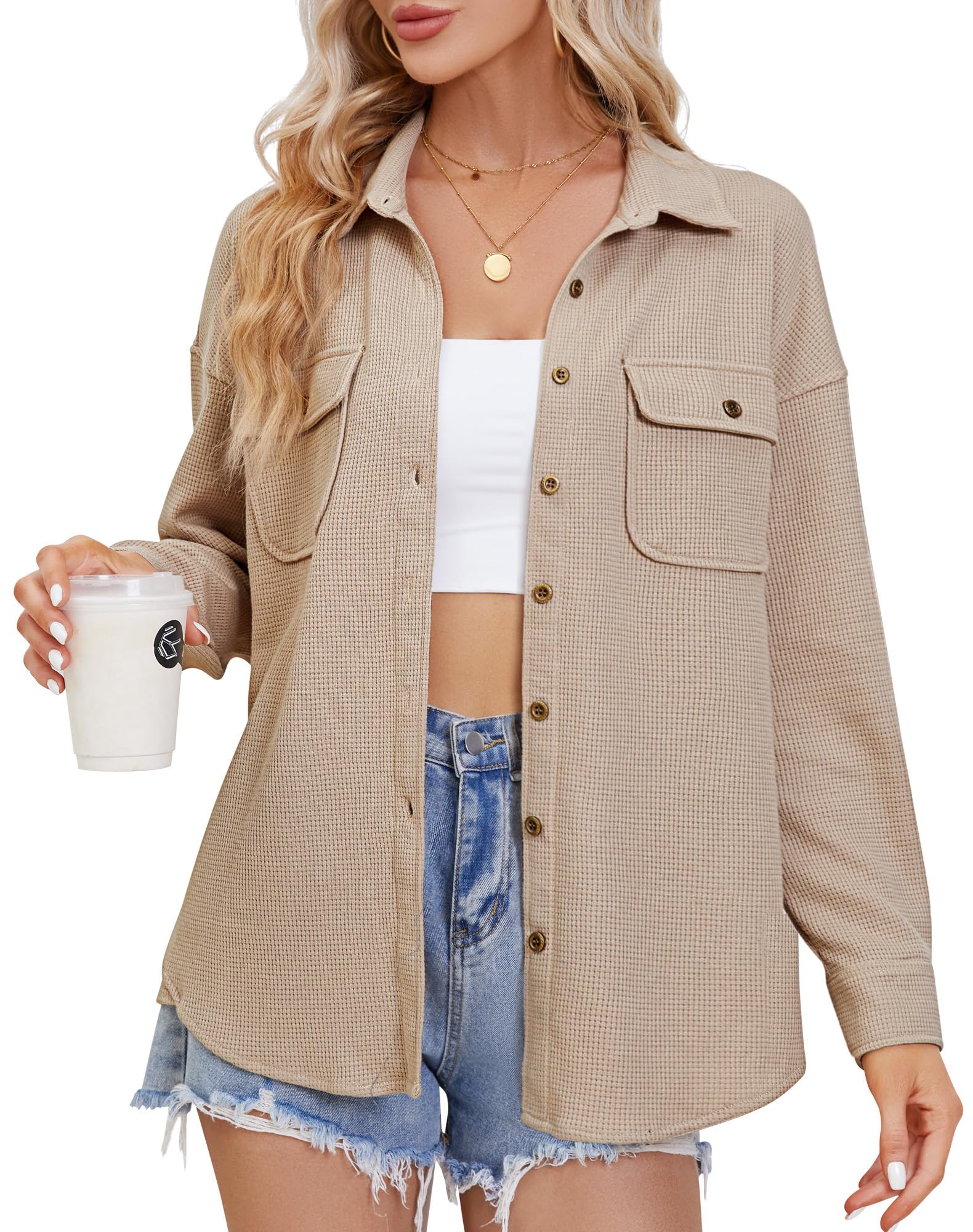 Fengbay Women's Waffle Knit Shacket - Long Sleeve Button Down Shirt Blouse for Casual & Dressy Outfits | Perfect for Fall Layering, Office Wear & Weekend Brunch