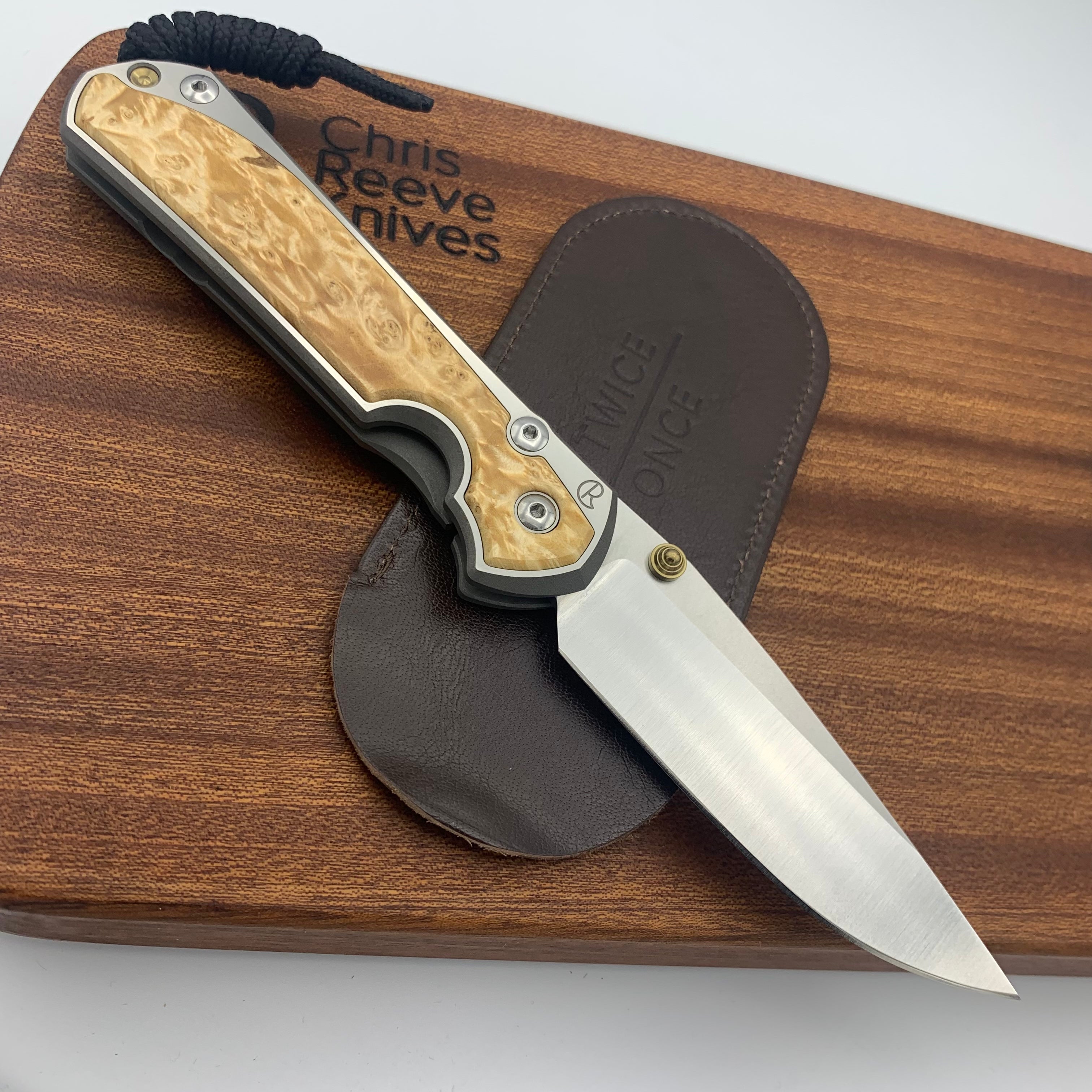 Chris Reeve Knives Large Sebenza 31 LH Drop Point Folding Knife - Box Elder Wood Inlay, Polished Titanium Handles, Double Gold Lugs - EDC, Camping, Hunting, Outdoor Survival Gear