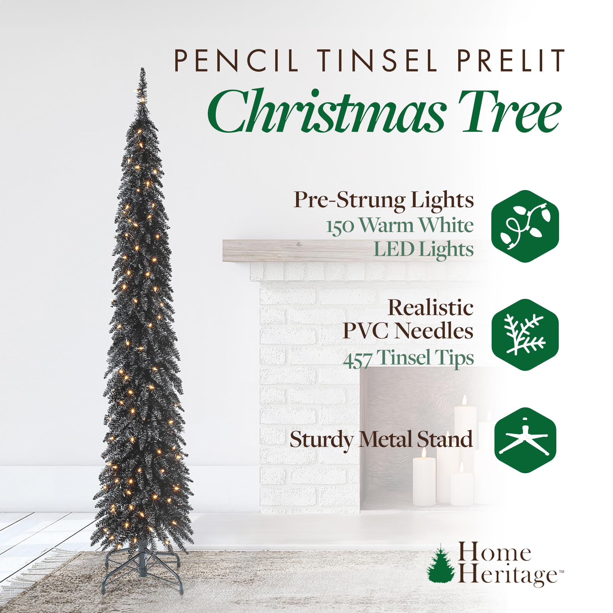 7ft Pre-Lit Skinny Pencil Artificial Christmas Tree with 150 Warm White LED Lights & Stand - Black Holiday Decor for Small Spaces, Apartments & Office Decorations