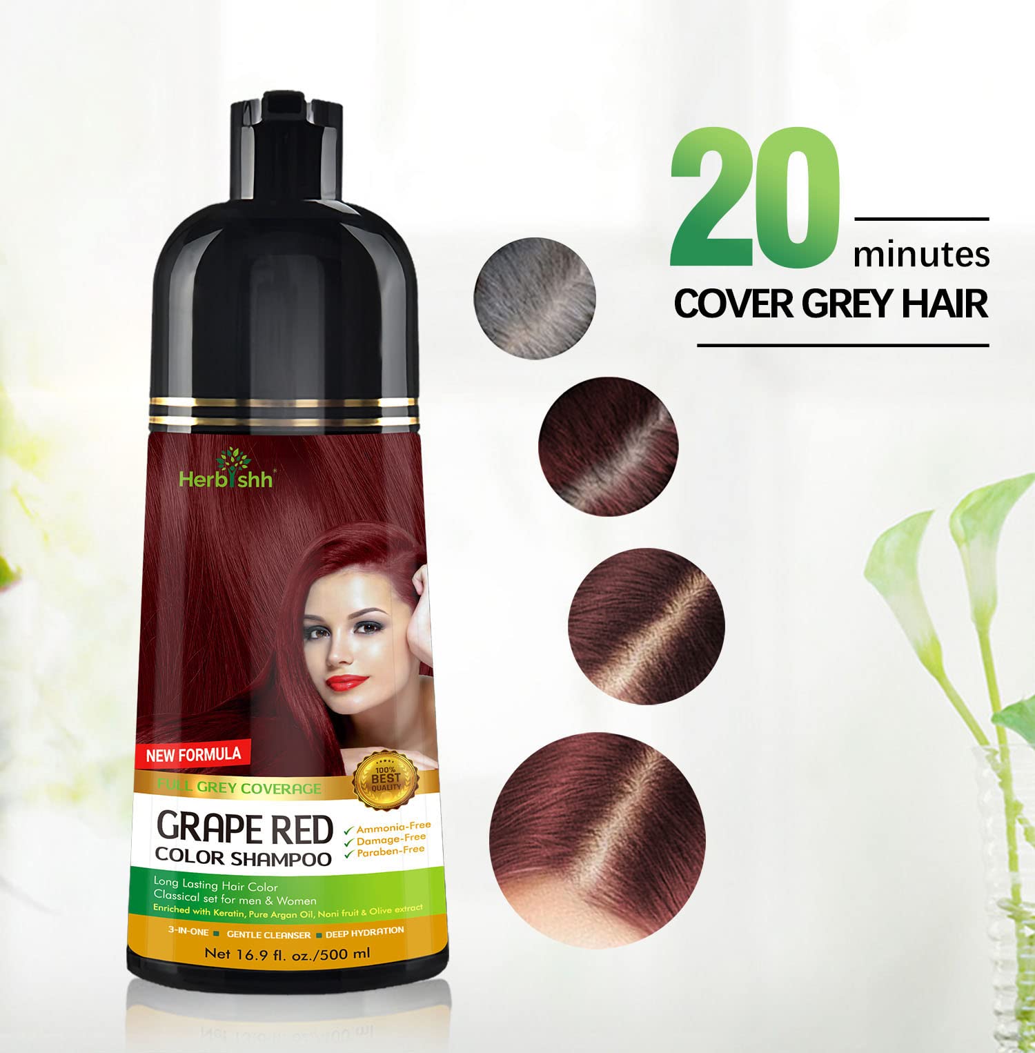 Herbishh Grape Red Hair Color Shampoo for Gray Hair - 500ml + Curly Hair Shampoo & Conditioner Set | Natural Hair Dye & Moisturizing Care for Women & Men | Perfect for Home Use & Salon Styling