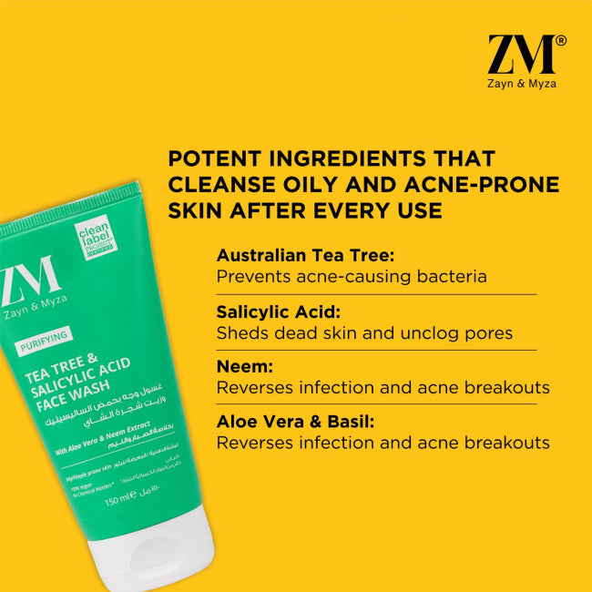 ZM Zayn & Myza Tea Tree & Salicylic Acid Acne-Fighting Face Wash - Deep Cleansing for Oily & Acne-Prone Skin - Perfect for Daily Skincare Routine & Post-Workout Refreshment