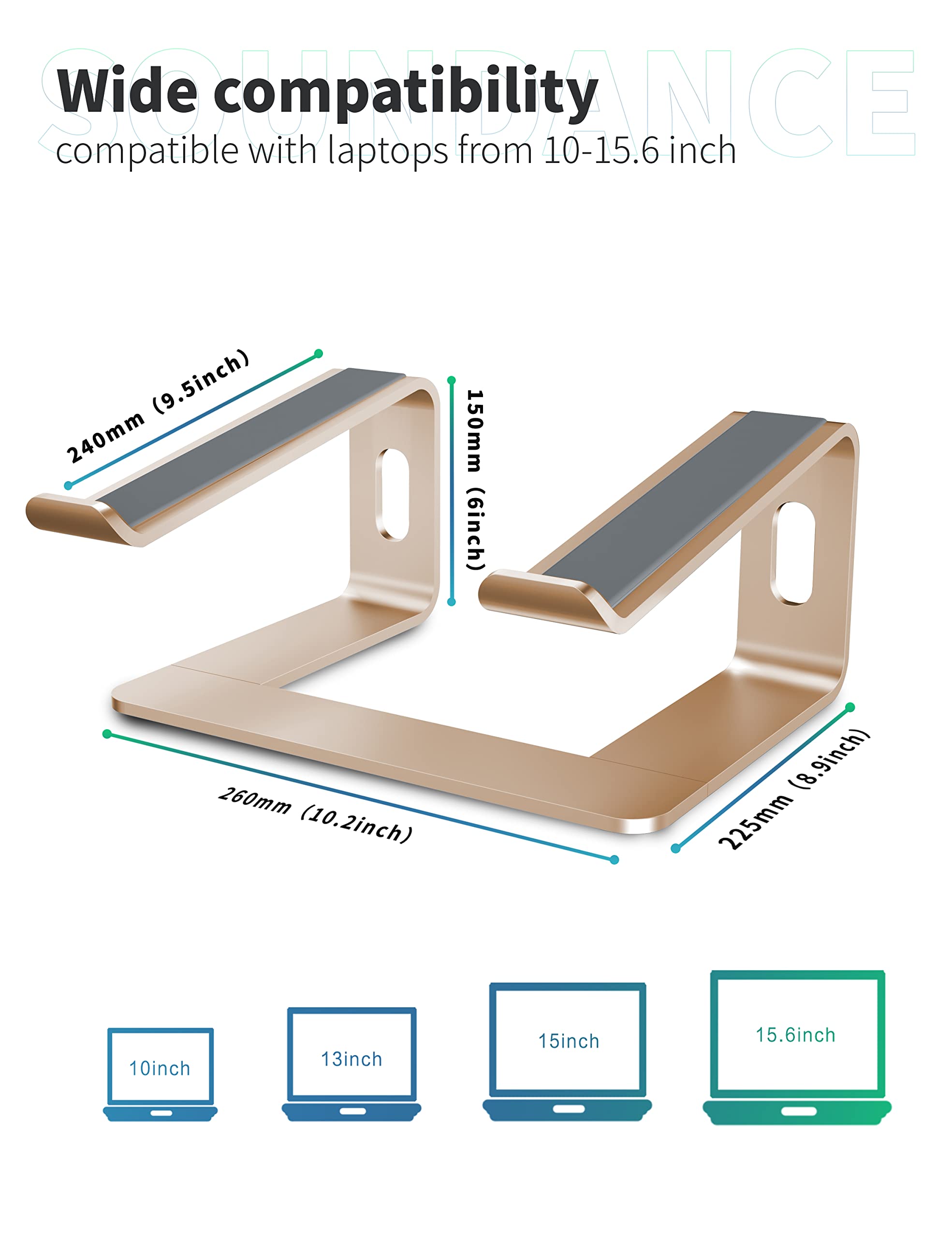 SOUNDANCE Aluminum Laptop Stand for 10-15.6 Inch Notebooks - Ergonomic Computer Riser & Desk Organizer - Gold Metal Holder for MacBook, Dell, HP (Home Office & Workspace Setup)