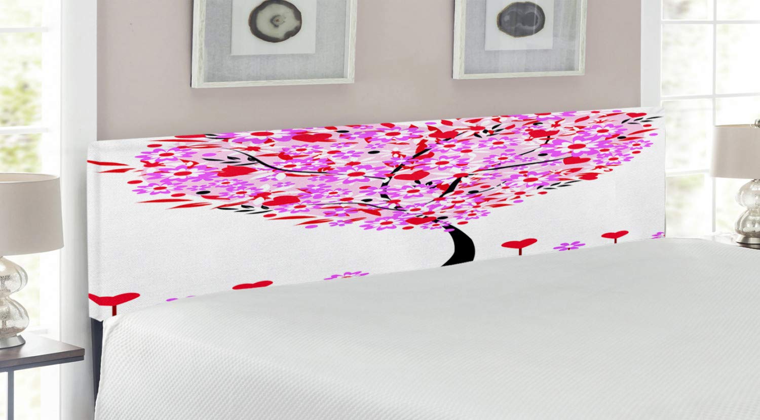 Ambesonne Valentine Upholstered Headboard - Heart Shaped Tree with Daisies Wildflowers Design, Red Leaves Forest Romantic Bedroom Decor, King Size Memory Foam Metal Headboard (Multicolor) - Perfect for Master Bedroom, Guest Room & Romantic Retreats