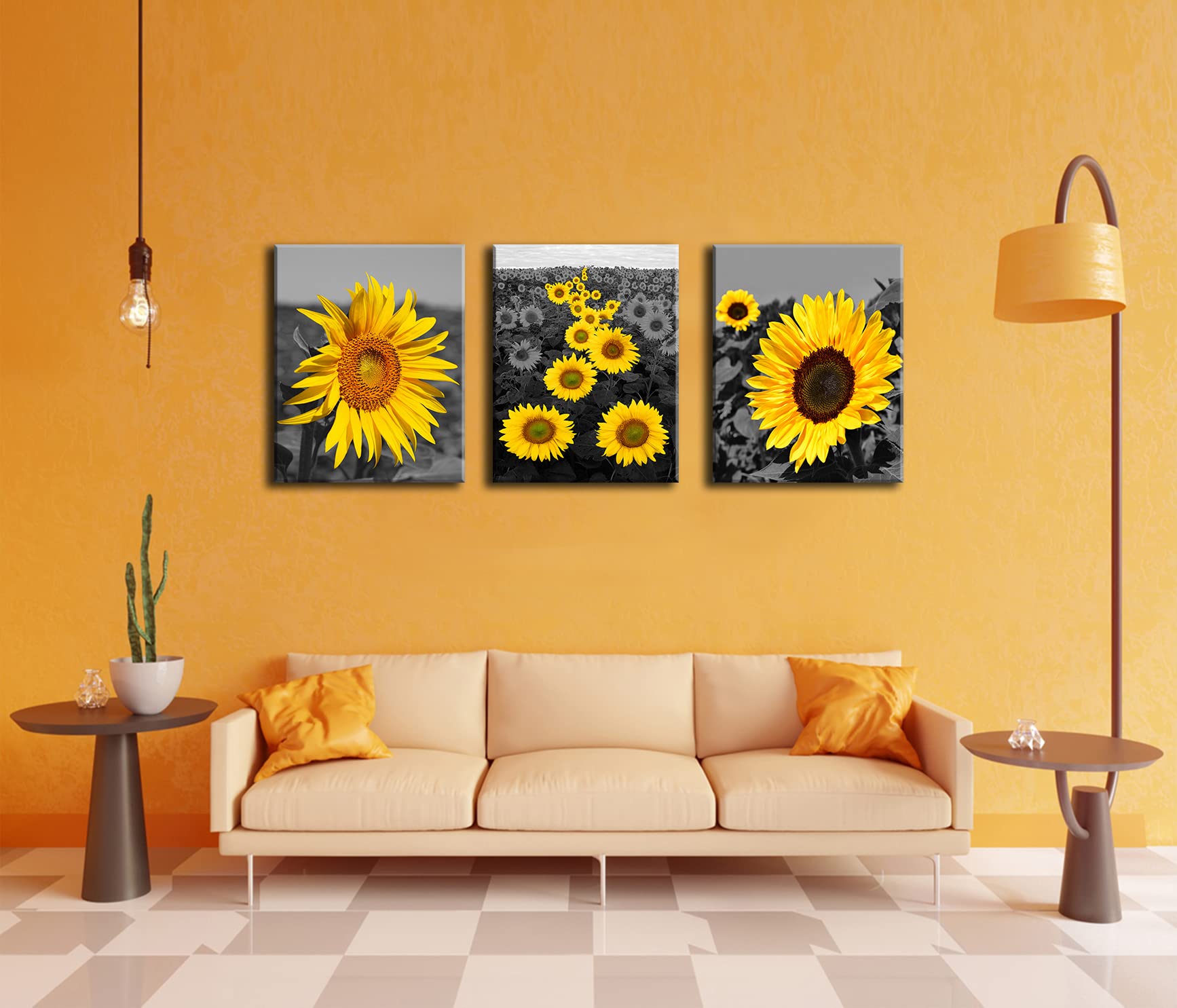 Sunflower Wall Art Canvas Prints - Black & Yellow Framed Paintings 12x16 Inch, Set of 3 | Ready to Hang Home Decor for Kitchen, Bathroom & Living Room | Perfect for Farmhouse, Boho & Modern Interior Design