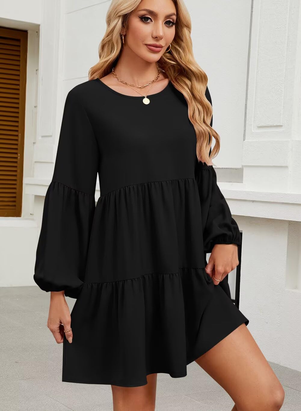 QACOHU Women's Summer Babydoll Dress 2025 - Spring Crew Neck Long Sleeve Flowy Swing Tunic Mini Dress for Casual Wear, Date Night & Vacation Outfits