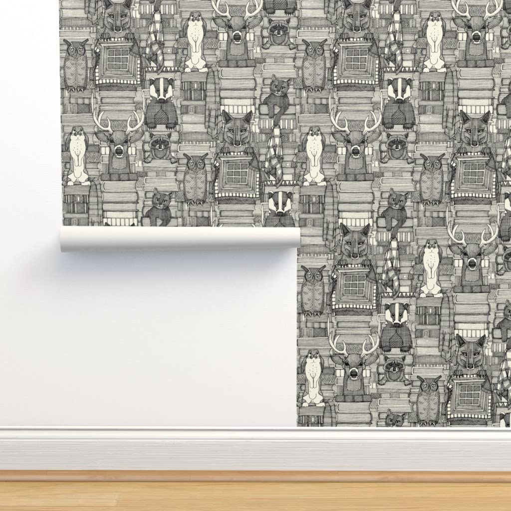 Peel & Stick Removable Wallpaper 12ft x 2ft - Books Blankies Black Deer Owl Rabbit Cat Raccoon Illustration Custom Wall Decal | Perfect for Nursery, Bedroom, Dorm & Home Office Decor