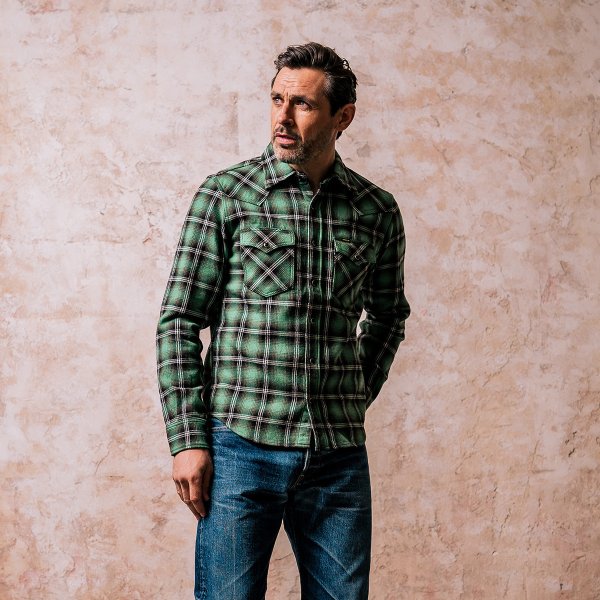 Iron Heart IHSH 405 12oz Ultra Heavy Flannel Check Western Shirt for Men - Green Plaid Workwear Shirt - Durable Outdoor & Casual Wear for Ranch, Camping & Fall Fashion