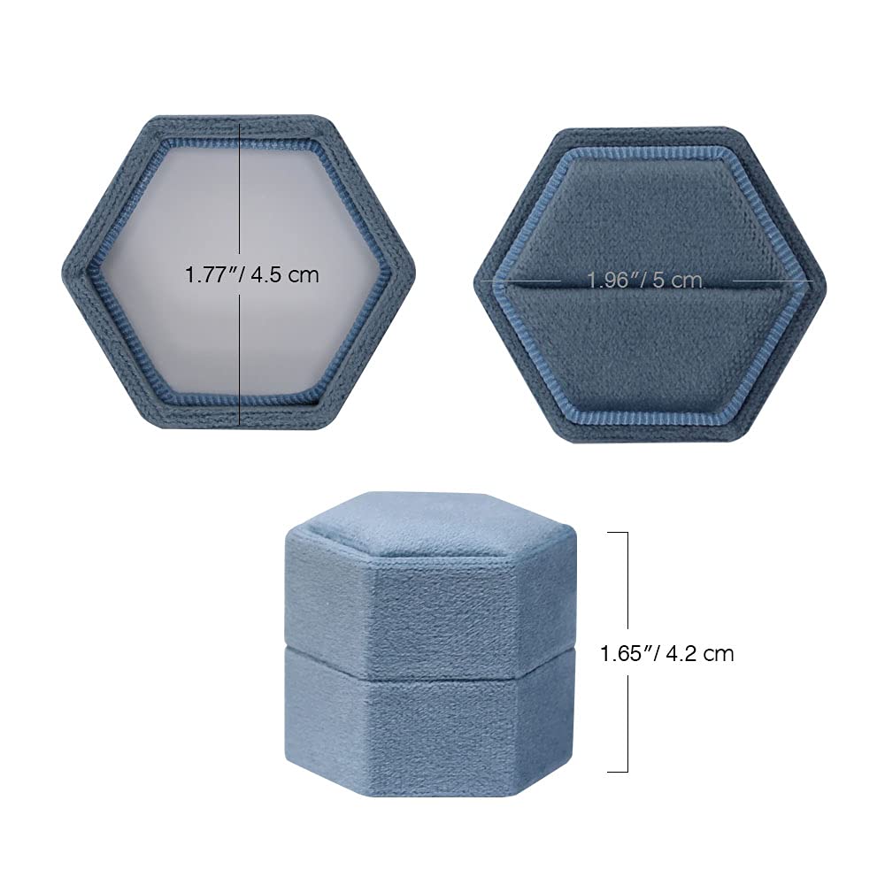 Hexagon Velvet Jewelry Box - Single Slot Ring Box for Engagement, Wedding & Bridal Keepsake - Ocean Blue - Perfect for Proposals, Anniversary Gifts & Photo Shoots