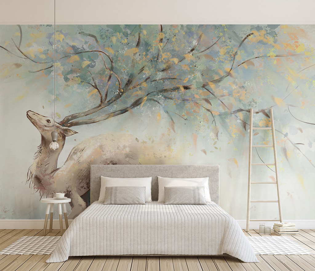 Winter Reindeer Christmas Tree Trunks Wallpaper Mural - Perfect for Living Room, Bedroom, and Holiday Home Decor