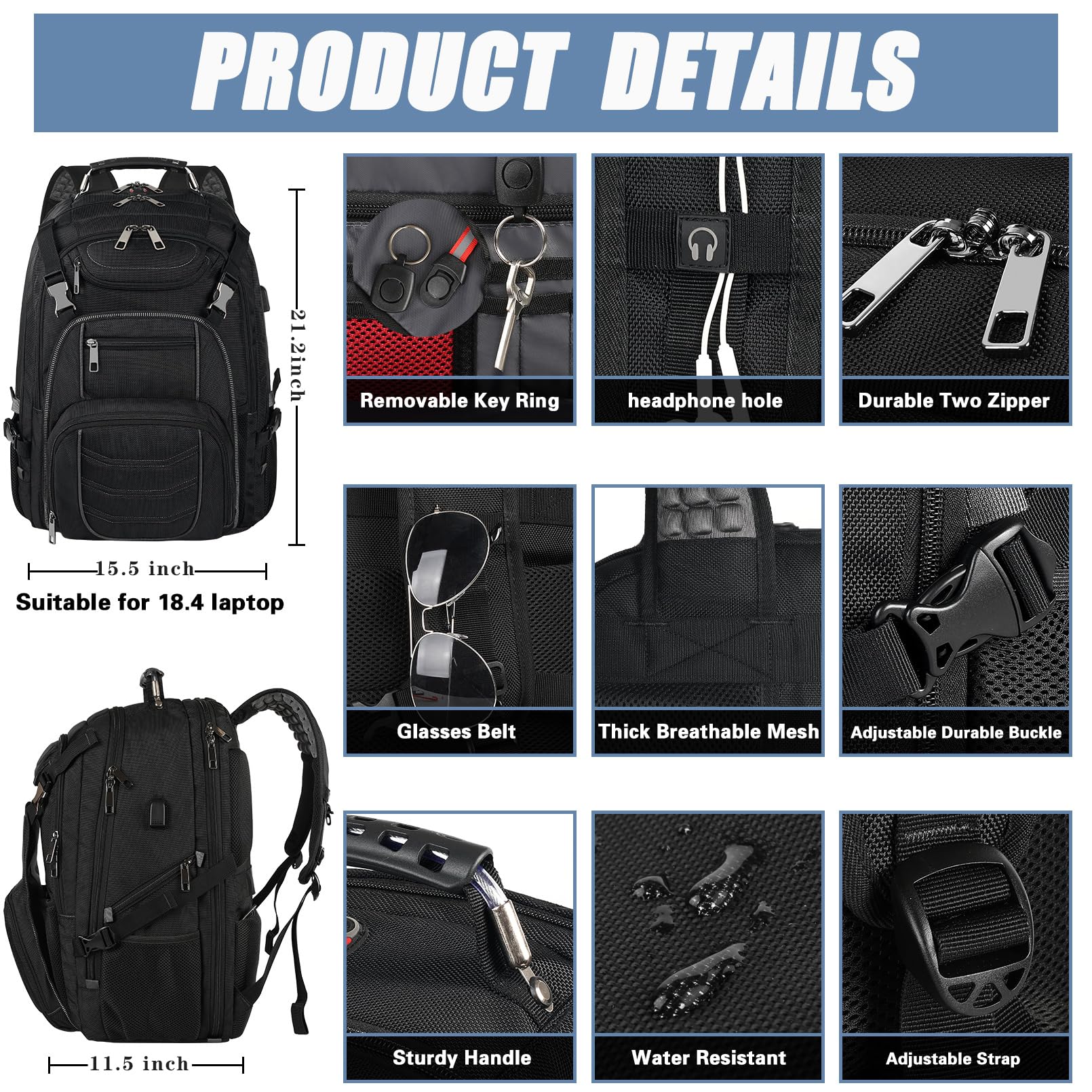 **18.4 Inch Large Laptop Backpack for Men & Women - 60L Extra Large Gaming Backpack with USB Charging Port, TSA Approved, RFID Anti-Theft Pocket, Durable Travel & Work Computer Bag (21.2x15.5x11.5 Inch, Grey) - Perfect for Business Trips, College, Commuting & Air Travel**