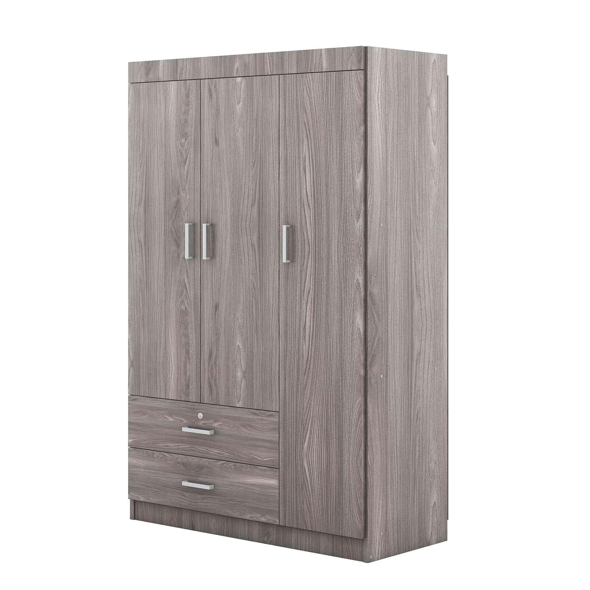 ATY Wooden 3-Door Wardrobe Closet with 2 Drawers & Shelves, Freestanding Clothes Storage Cabinet with Hanging Rail - Gray Armoire Organizer for Bedroom, Closet, Dorm Room & Home Office Storage Solution