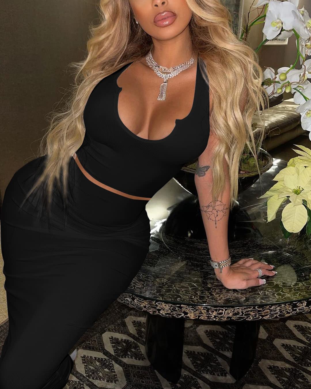 Sexy Women's Two Piece Skirt Outfit - Long Sleeve/Sleeveless V Neck Bodycon Ribbed Knit Maxi Dress for Club, Party & Night Out | Elegant Evening Wear & Date Night Outfit