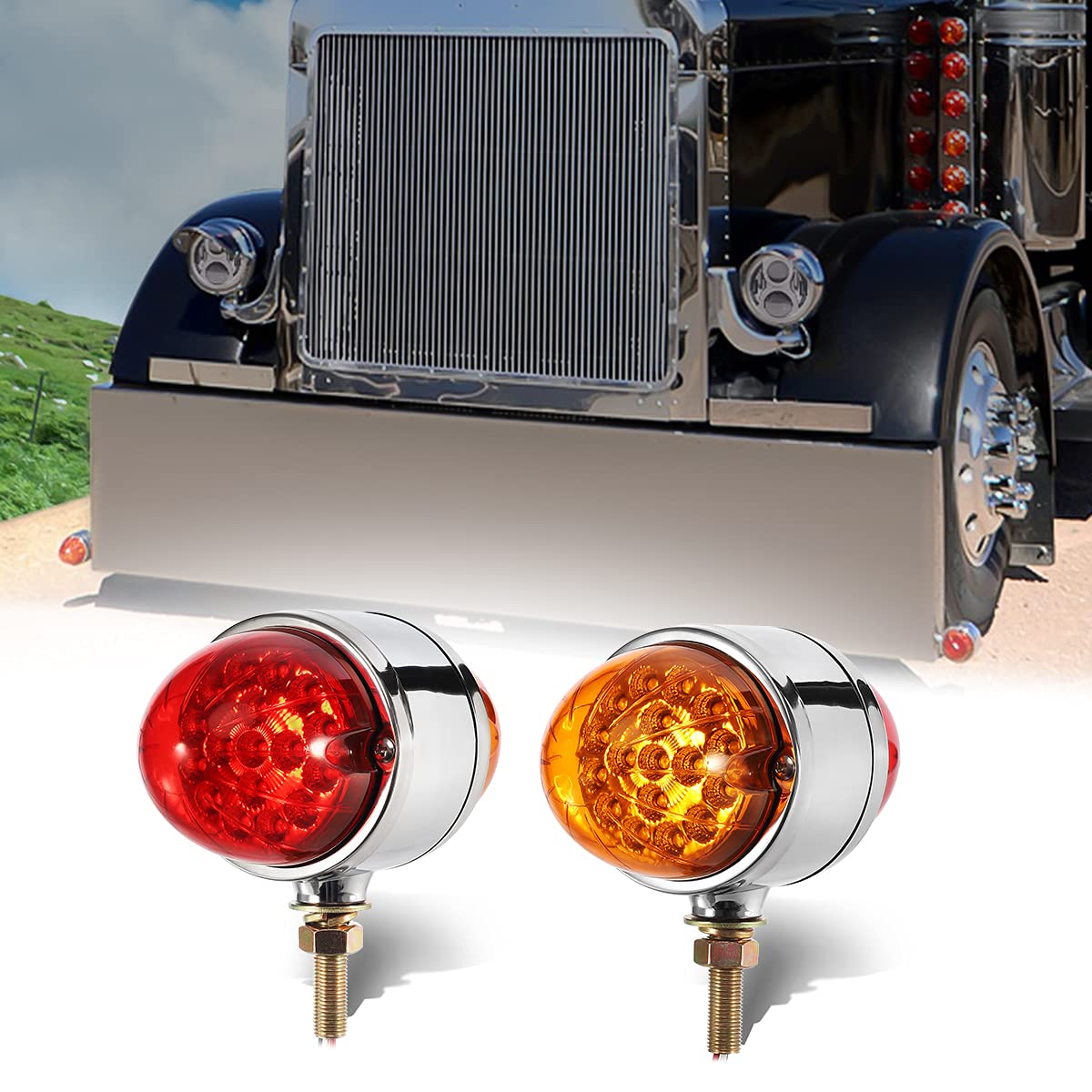 Partsam 2Pcs Amber/Red 17 LED Dual Revolution Watermelon Lights for Semi Truck - Chrome Double Face Auxiliary Turn Signal Lights Replacement for Freightliner, Kenworth & Peterbilt Trucks | Heavy Duty Truck Lighting for Enhanced Road Safety & Visibility