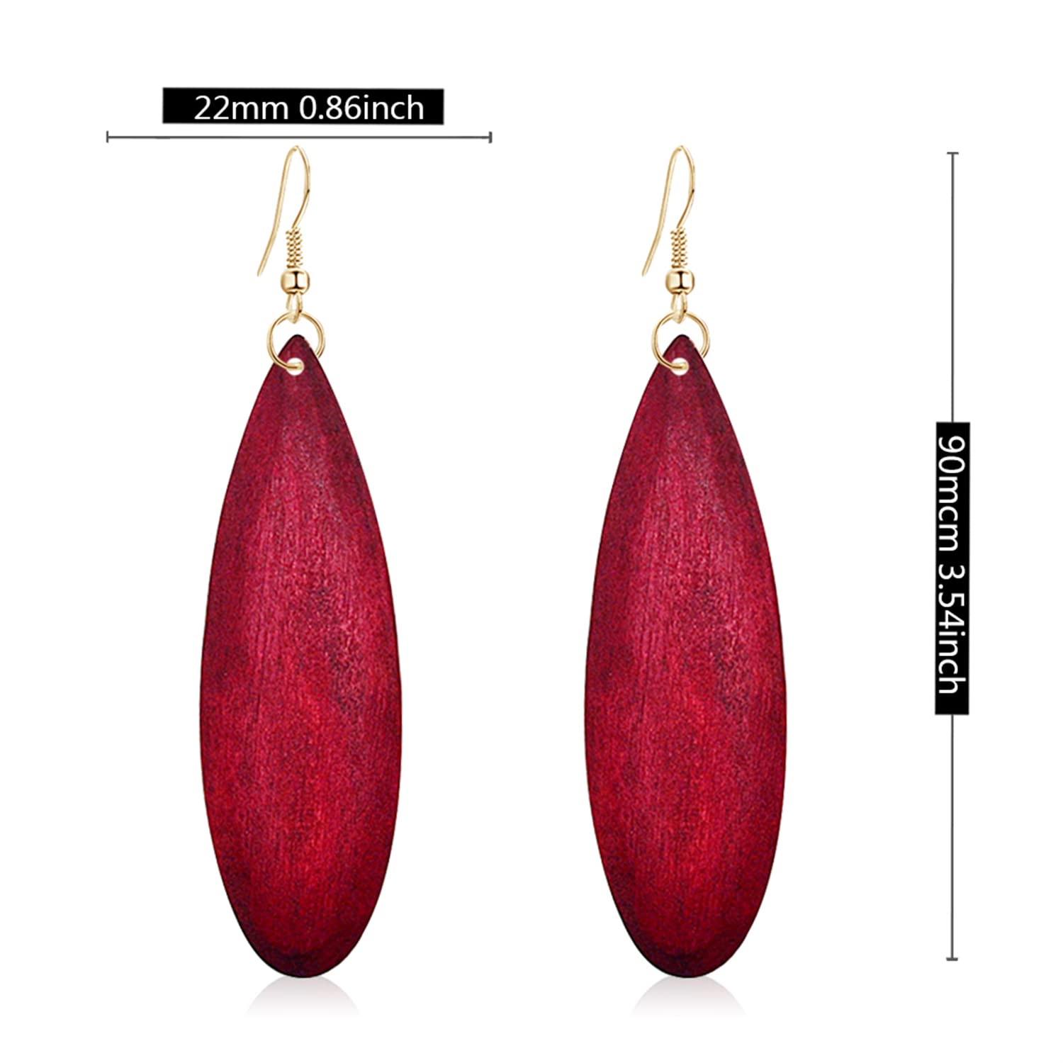 Bohemian Retro Black Brown Natural Wooden African Teardrop Dangle Drop Earrings - Lightweight Handmade Vintage Wood Geometric Earrings for Women (Red) | Perfect for Festivals, Boho Outfits & Casual Wear