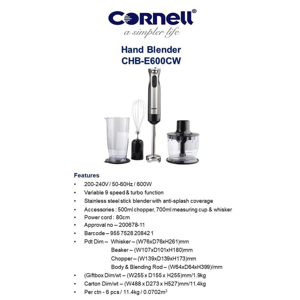 Cornell CHBE600CW 600W Hand Blender Set with 5 Attachments - Immersion Blender for Smoothies, Soups, Baby Food & Whipping Cream - Stainless Steel Blades - Easy Clean Kitchen Mixer
