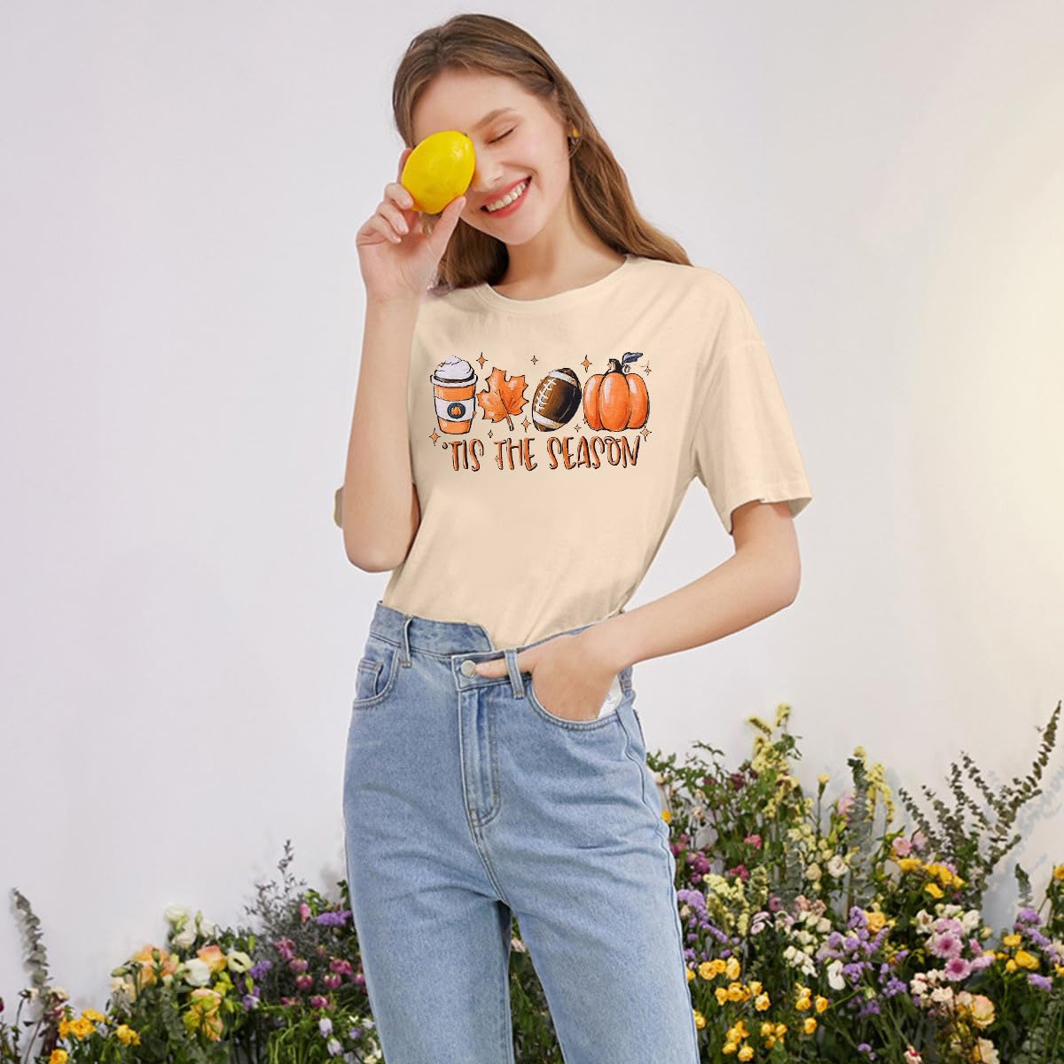Funny Thankful Pumpkin T-Shirt for Women - Casual Graphic Short Sleeve Fall Top with Leaves Design | Perfect Thanksgiving Gift & Autumn Outfit
