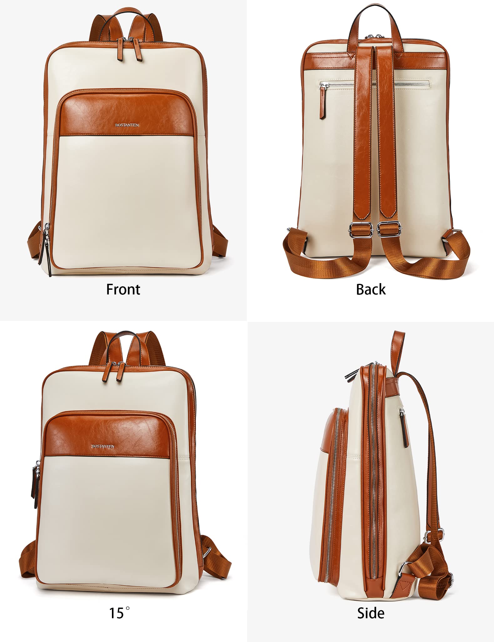 BOSTANTEN Genuine Leather Laptop Backpack for Women - 15.6 Inch Business Computer Bag with USB Charging Port, Waterproof Travel Backpack for Work, College & Daily Commute - Stylish Large Capacity Daypack for Professionals & Students