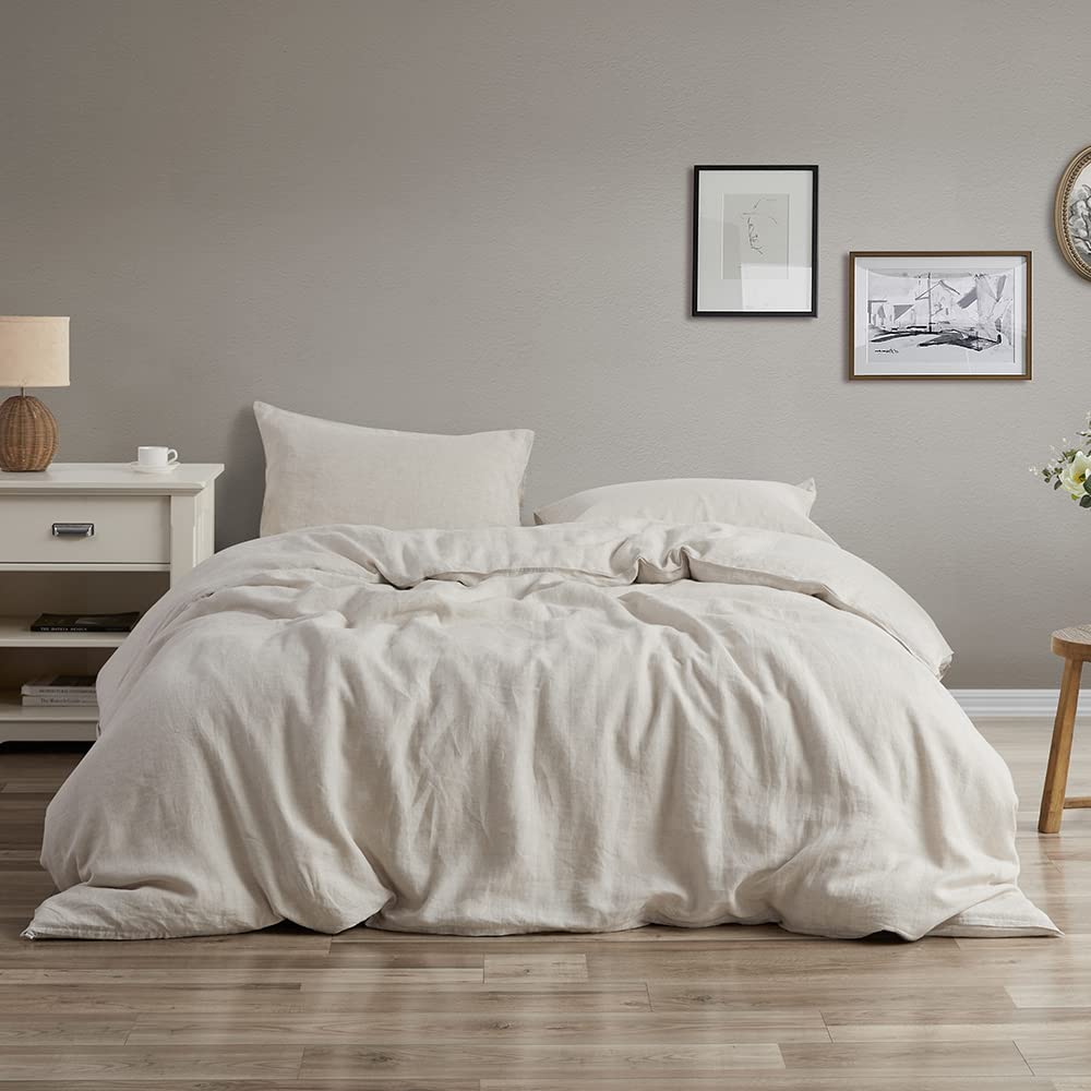 GIORCIS 100% French Linen Duvet Cover Queen Size - Stone Washed Natural Linen Bedding Set with Zipper Closure & 8 Ties, Includes 2 Pillowcases (Queen/Full) | Soft, Breathable & Durable for All Seasons - Perfect for Master Bedroom, Guest Room & Vacation Homes
