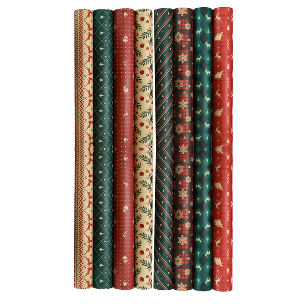 8-Piece Christmas Wrapping Paper Set - Festive Holiday Gift Wrap with Kraft Paper & Christmas Elements | Perfect for Xmas Presents, Stocking Stuffers & Party Decorations