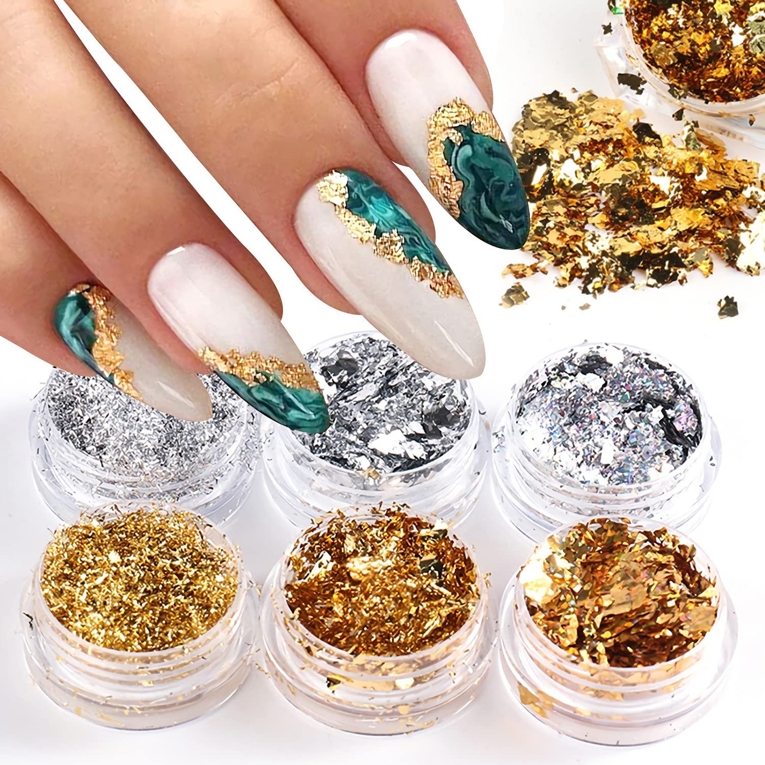 Holographic Nail Foil Glitters Kit - 6 Boxes 3D Metallic Shining Flakes (Gold, Silver) for Acrylic Nails, Manicure & Nail Art | DIY Nail Decoration, Salon & Home Use