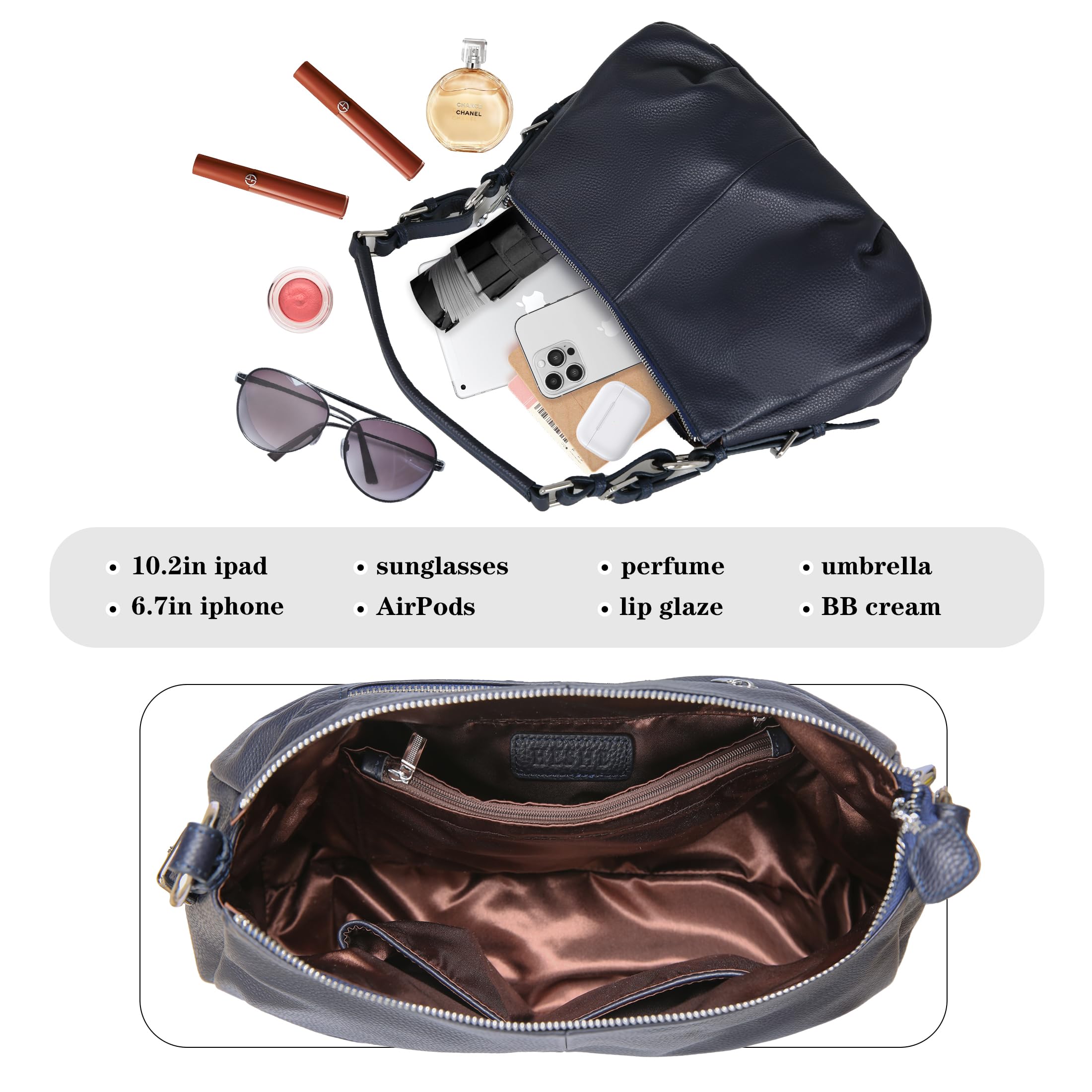 HESHE Genuine Leather Handbags for Women - Hobo Shoulder Bag, Tote & Crossbody Purse - Fashionable Designer Satchel - Perfect for Work, Travel & Everyday Use