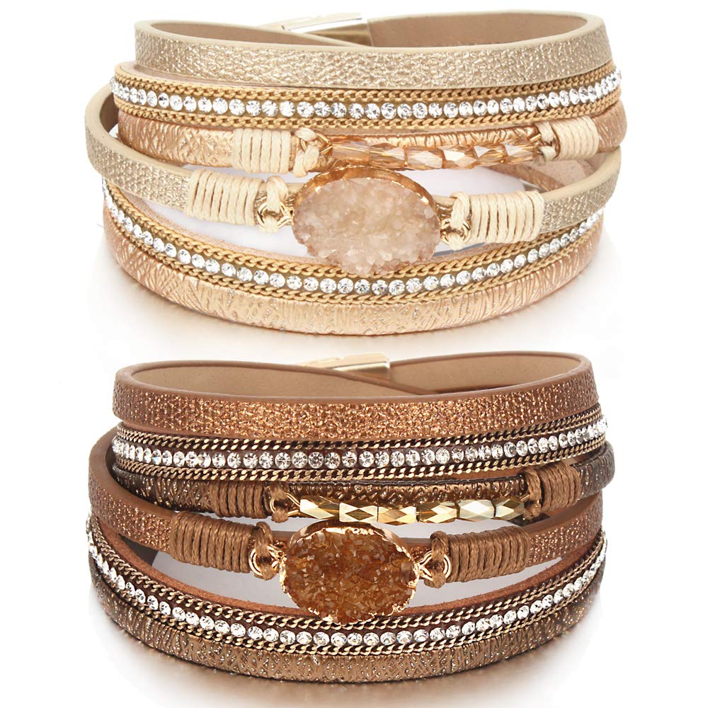 Handmade Boho Leather Wrap Bracelet with Shiny Crystals & Magnetic Clasp - Adjustable 14.7