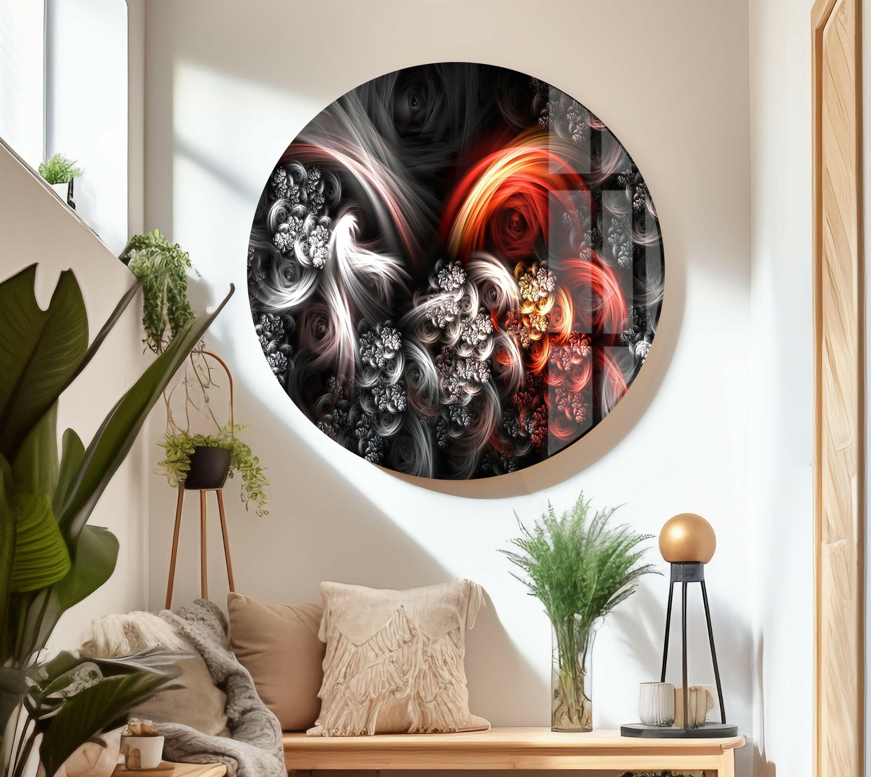 Modern Black and Red Fractal Glass Wall Art - Handmade Abstract Home Decor for Living Room, Bedroom & Office - Unique Contemporary Wall Hanging for Interior Design