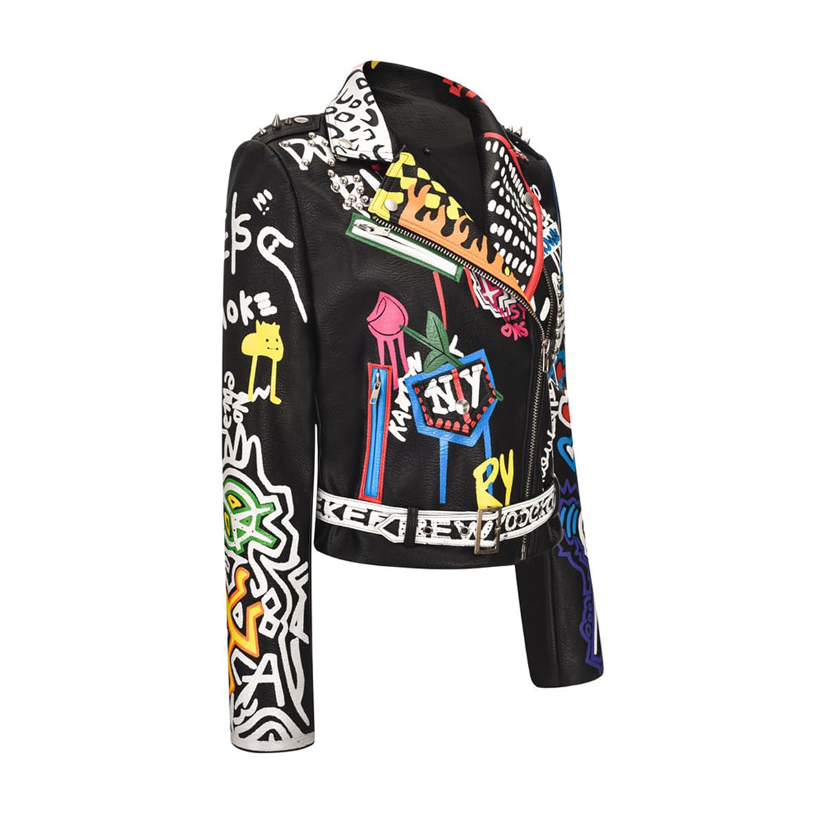 LRX Women's Faux Leather Jacket - Punk Style Cartoon Print Moto Coat with Studded Badge & Graffiti Design | Perfect for Biker, Concert, Halloween & Streetwear Fashion