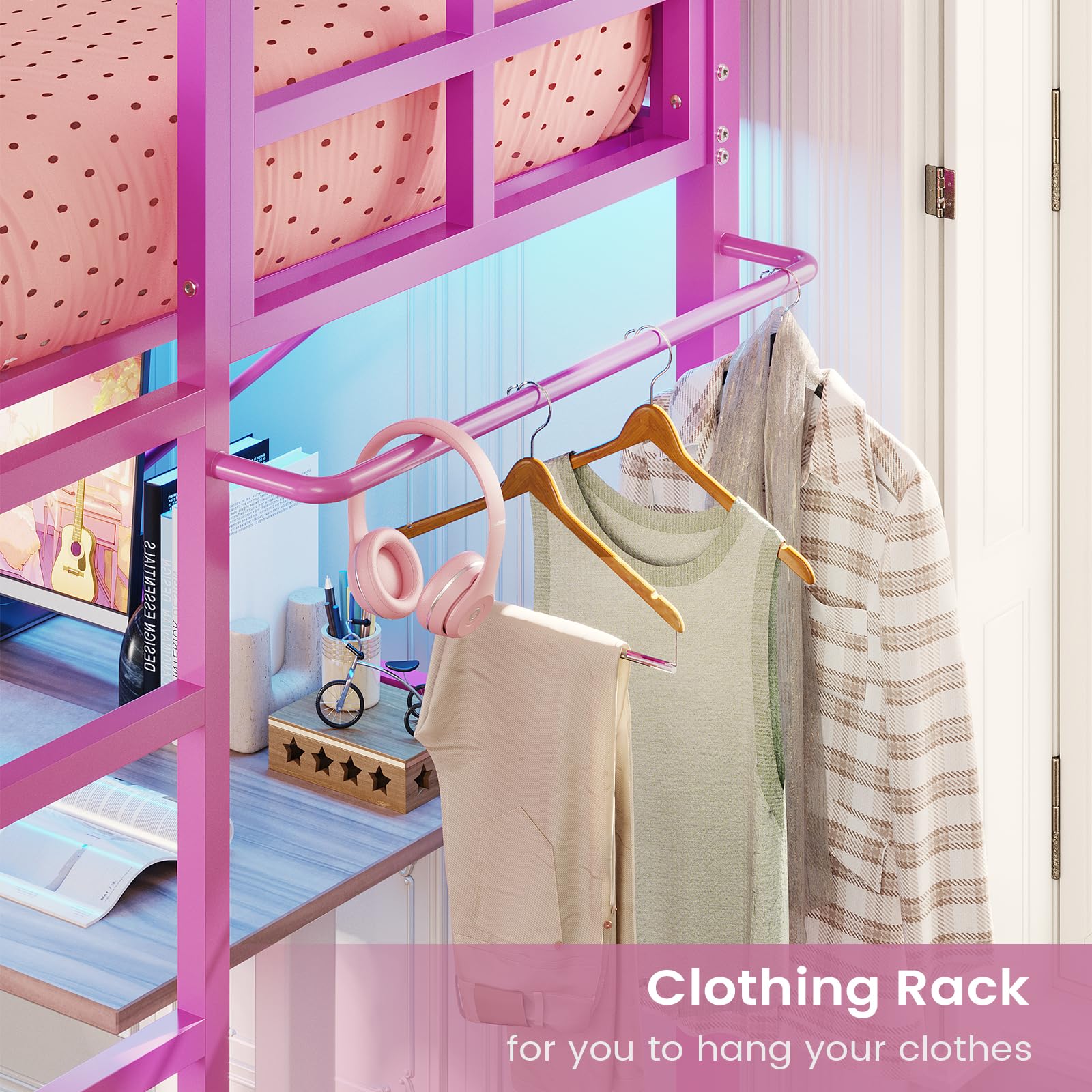 Hasuit Twin Metal Loft Bed with LED Lights - Sturdy Space-Saving Loft Bed Frame with Full-Length Guardrail & Clothes Rack - No Box Spring Needed, Noise Free - Perfect for Kids, Teens & Small Bedrooms (Pink)