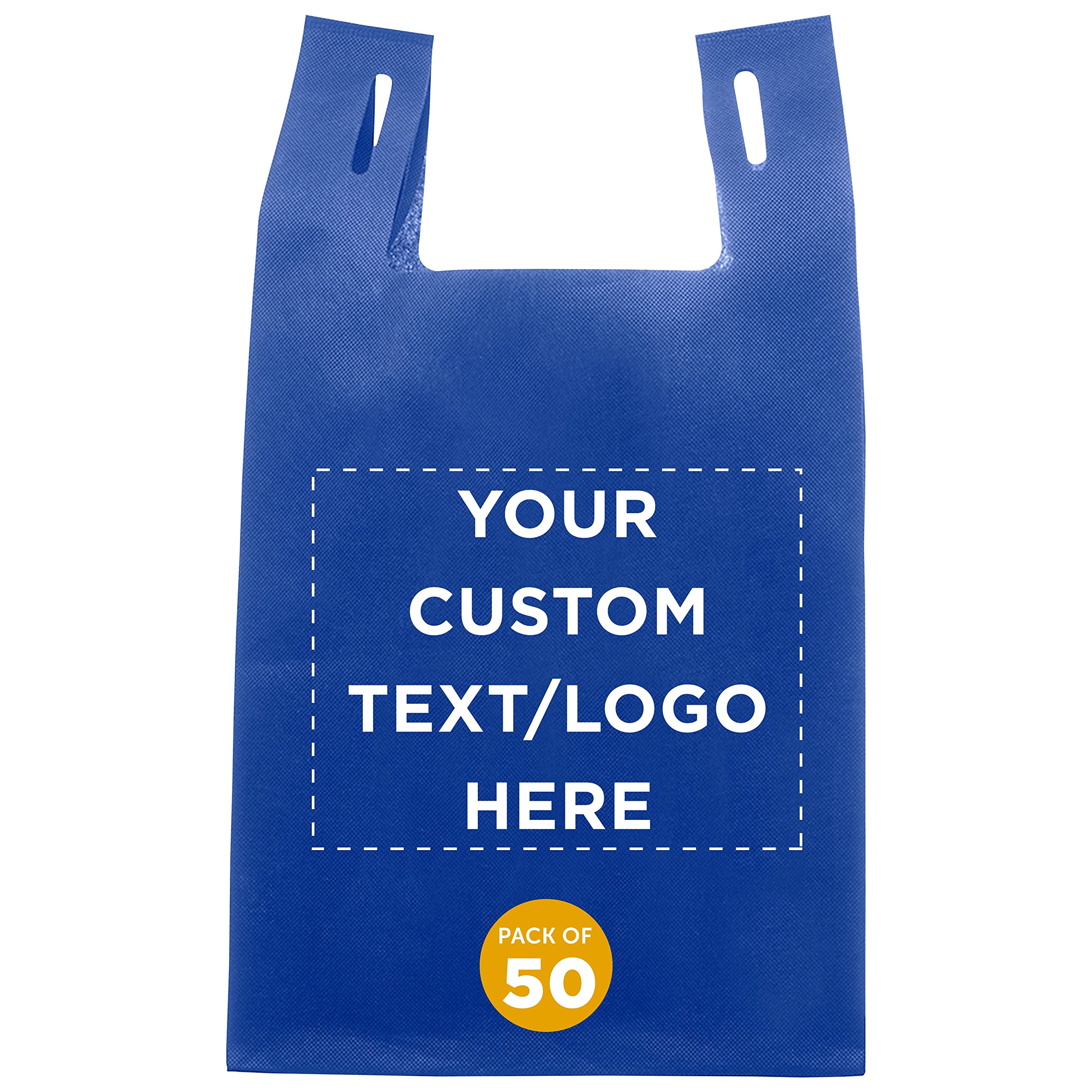 Custom Bodega Lightweight Tote Bags - Bulk Pack of 50 Reusable Grocery Bags - Personalized Promotional Totes for Trade Shows, Parties & Picnics - Eco-Friendly Shopping & Gift Bags (Blue)