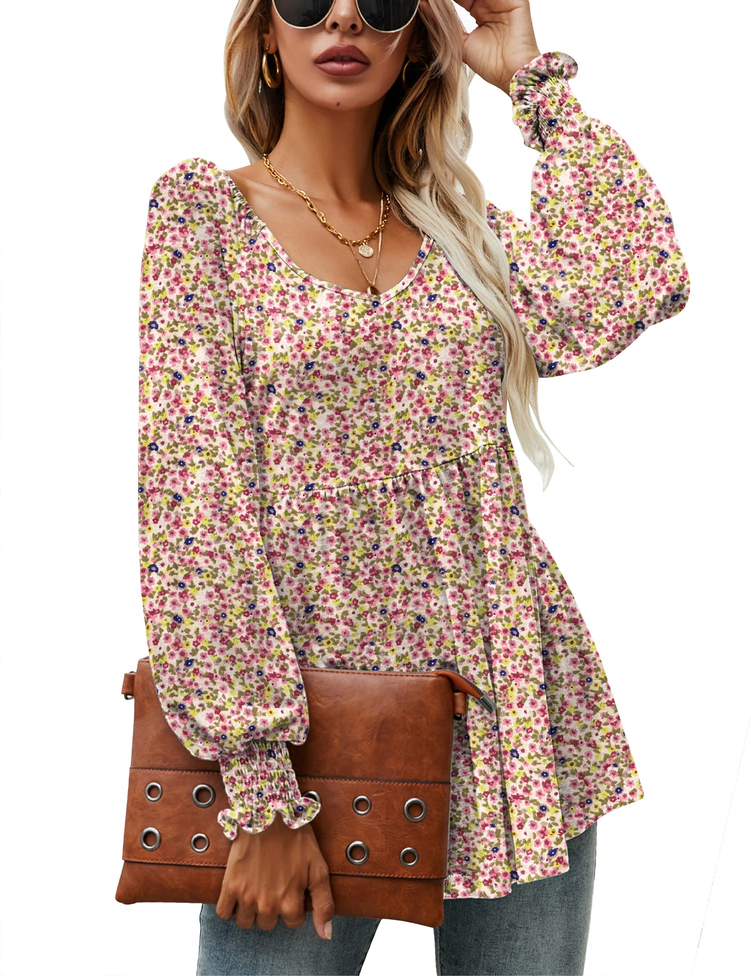 LOMON Women's Casual Puff Long Sleeve V-Neck Tunic Top with Pleated Flare & Smocked Cuffs - S-XXL | Perfect for Office Wear, Date Night & Spring Outfits