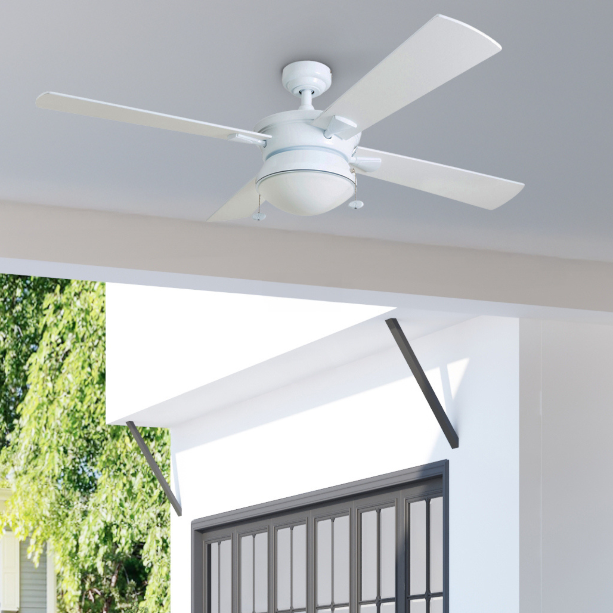 52 Inch White Auletta Ceiling Fan with Pull Chain - Indoor/Outdoor Use for Bedroom, Living Room, Patio & Covered Porch
