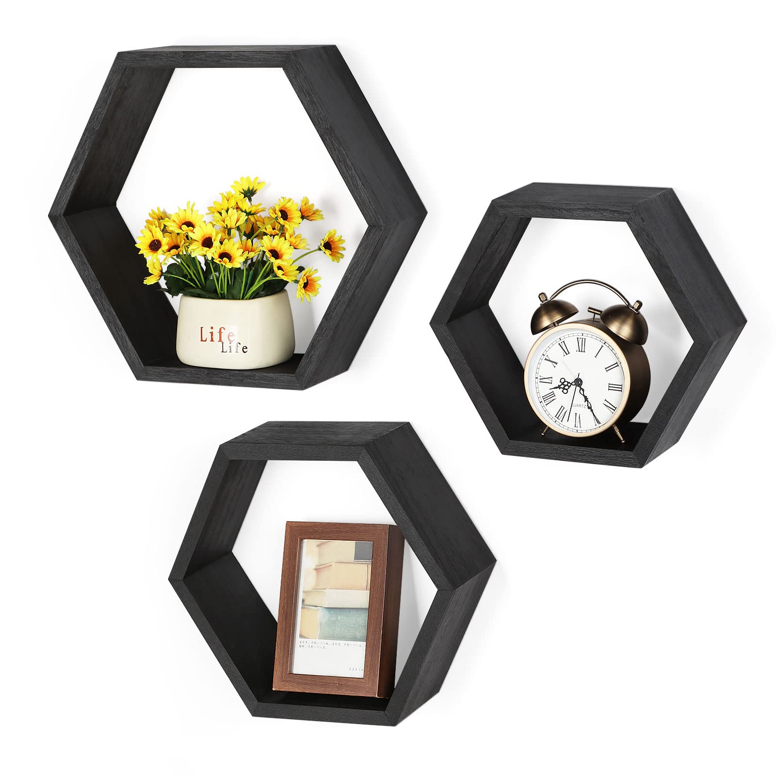 Hexagonal Floating Shelves Set of 3 - Honeycomb Wall Shelves for Bathroom, Living Room, Office & Bedroom - Farmhouse Wood Storage Decor with Driftwood Finish - Perfect for Home Organization and Stylish Display