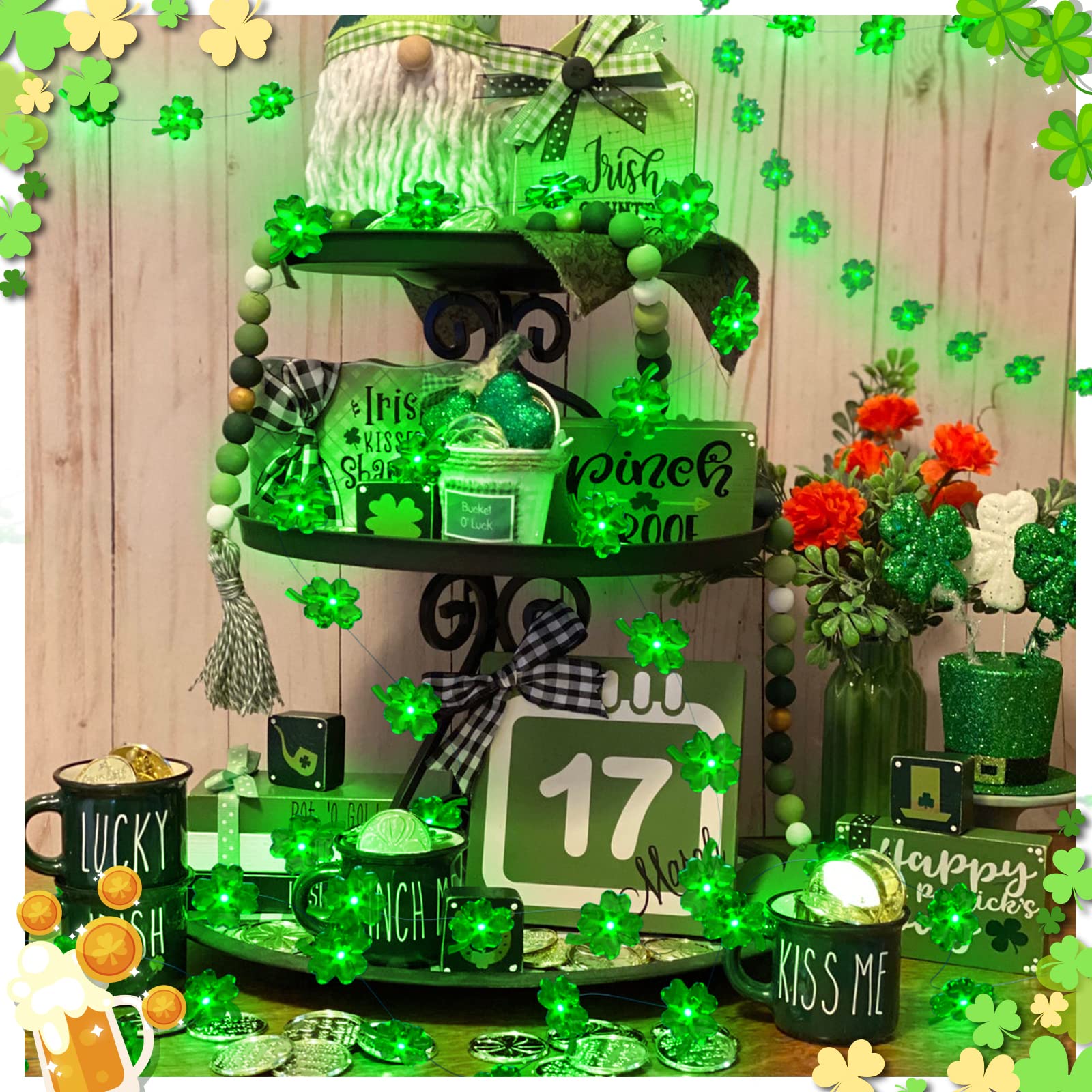 St. Patrick's Day Decorations - 13FT Green Battery Operated LED Shamrock String Lights with Remote Control | Indoor/Outdoor Party Decor for St. Patrick's Day, Irish Themed Events & Home Celebration