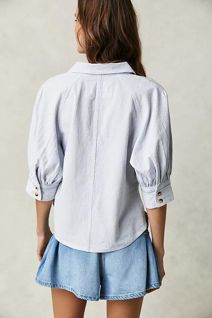 Free People Women's Ellie Stripe Top - Blue Combo Striped Casual Blouse for Summer, Beach & Boho Style Outfits