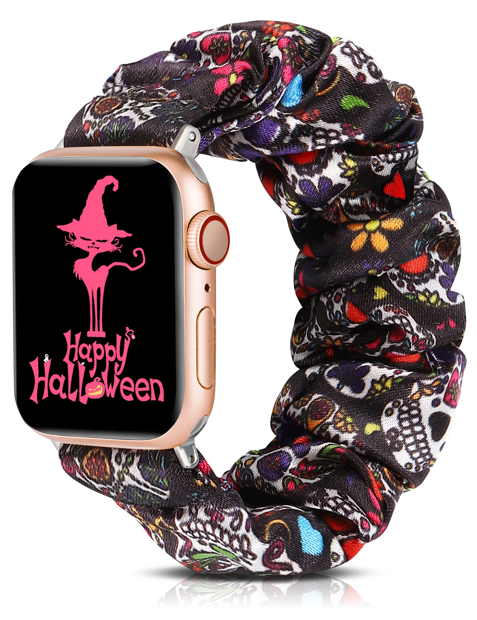 TOYOUTHS Halloween Scrunchies Apple Watch Band Compatible with Series SE 8 7 6 5 4 3 2 1 - 41mm 40mm 38mm Soft Pattern Printed Solo Loop Bracelet for Women (Rose Gold) | Cute Elastic Scrunchy Band for Everyday Wear & Halloween Costumes