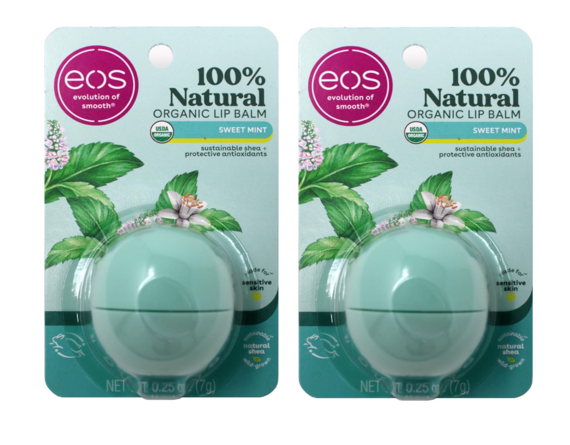 EOS Sweet Mint Organic Lip Balm - Natural Shea Butter, Gluten-Free, Vegan, for Sensitive Skin, 0.25 oz (Pack of 2) - Moisturizing Lip Care for Dry Lips, Perfect for Winter & Outdoor Activities