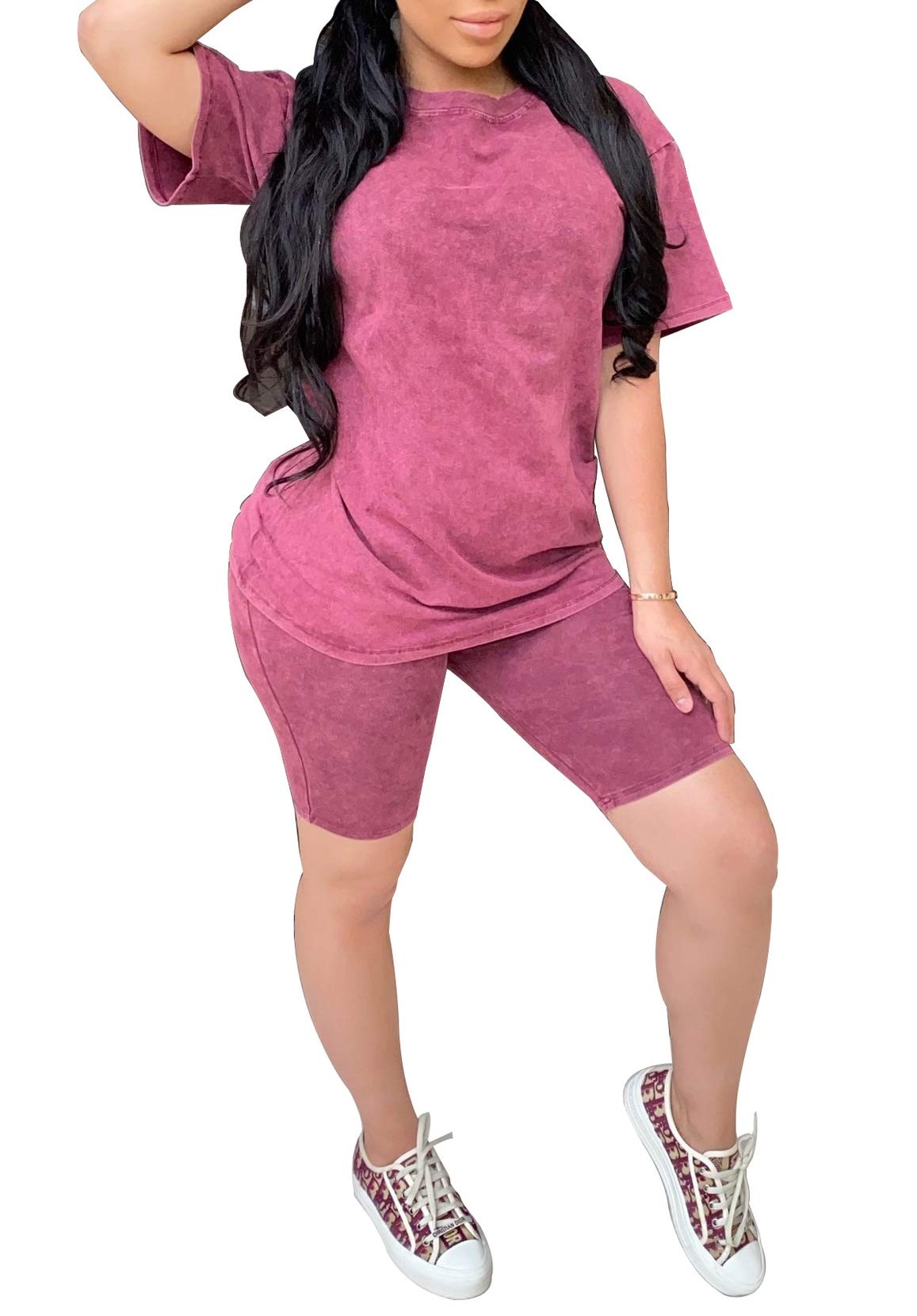 Women's Washed Shorts Set - Soft Crewneck Tee & Comfortable Workout Shorts | Gym, Yoga, Running & Casual Summer Outfits